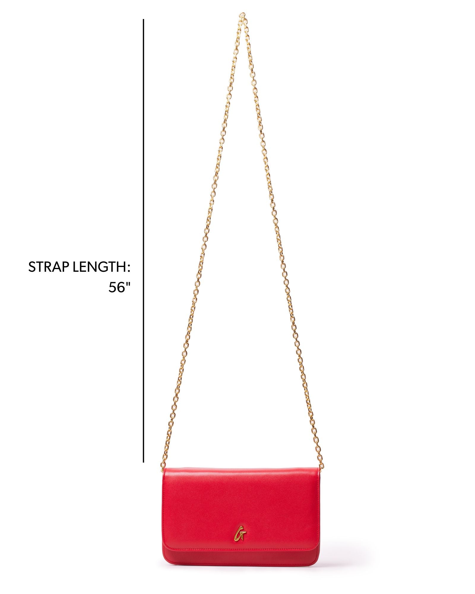 Red leather wallet on a chain with a gold strap, featuring a sleek design and a 56-inch strap length.