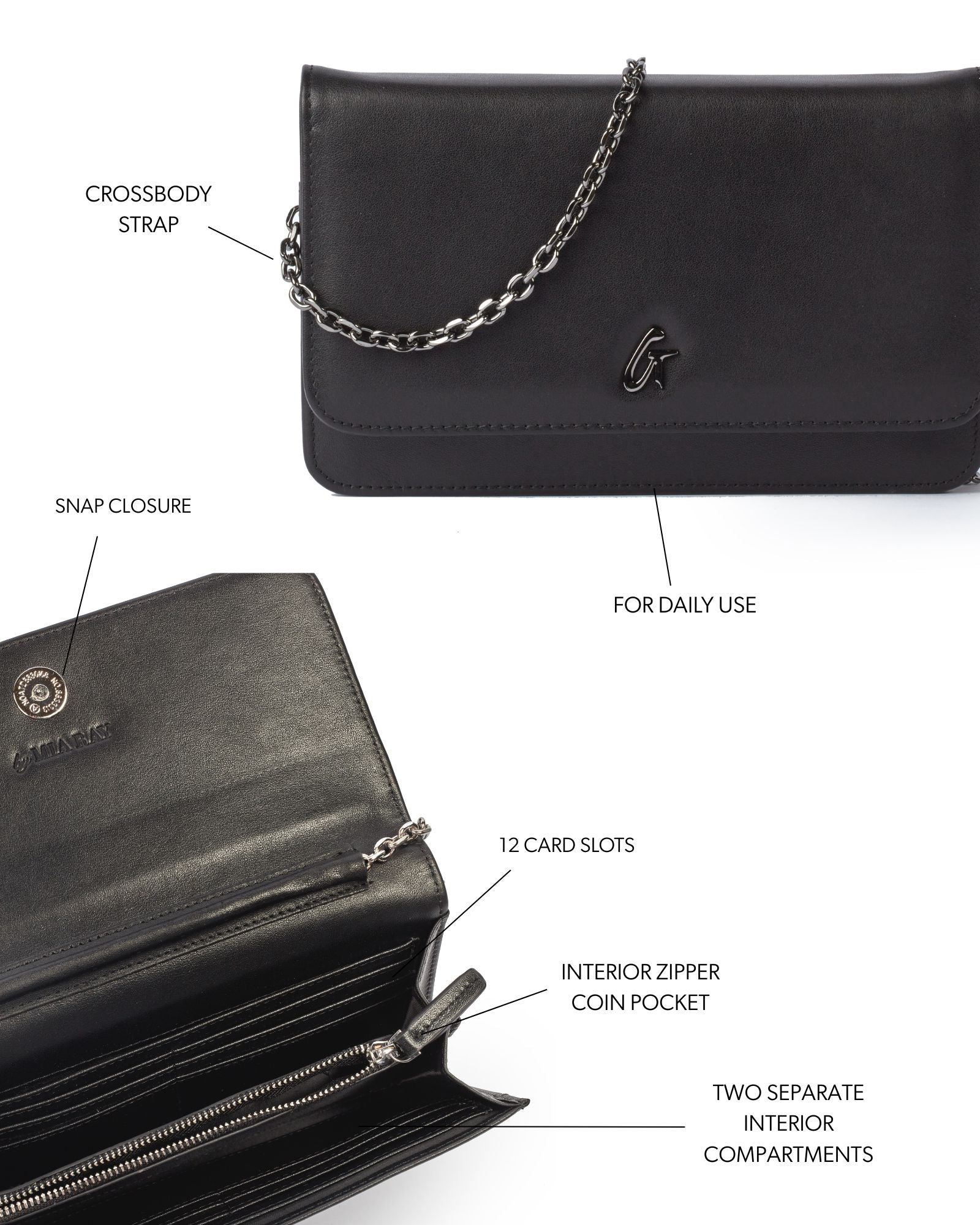Elegant black gunmetal wallet on a chain with snap closure, 12 card slots, and two interior compartments.