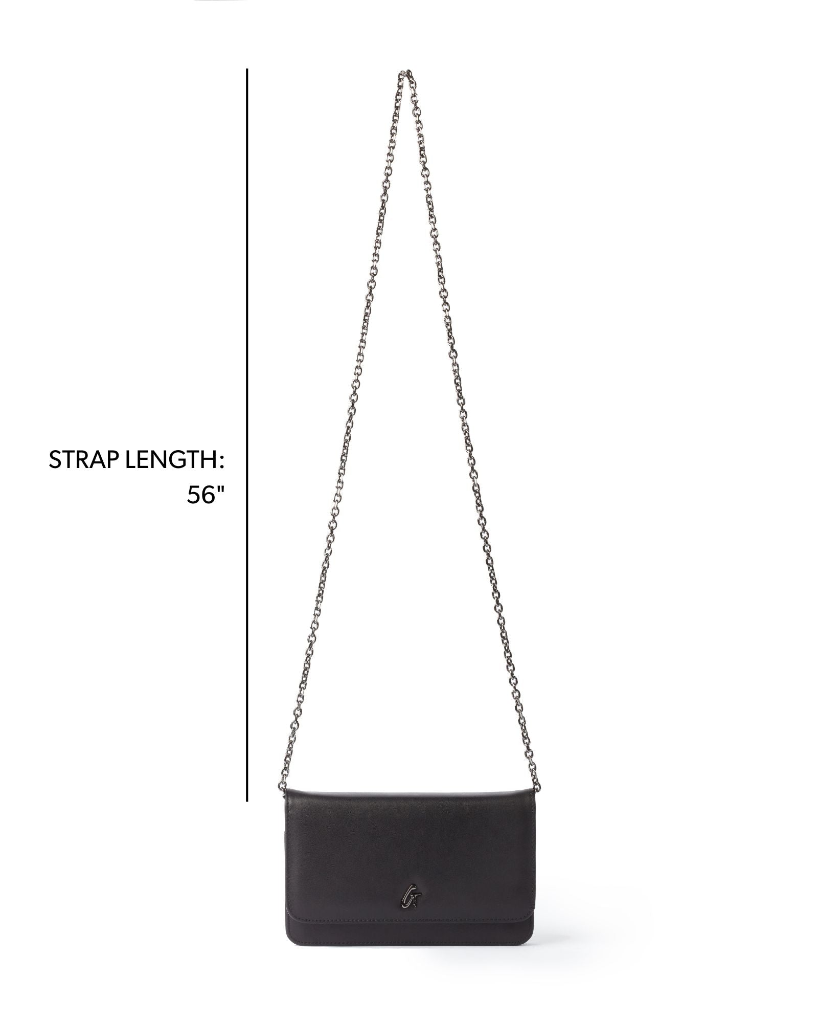 Elegant black gunmetal wallet on a chain with a 56-inch strap, perfect for stylish, hands-free convenience.