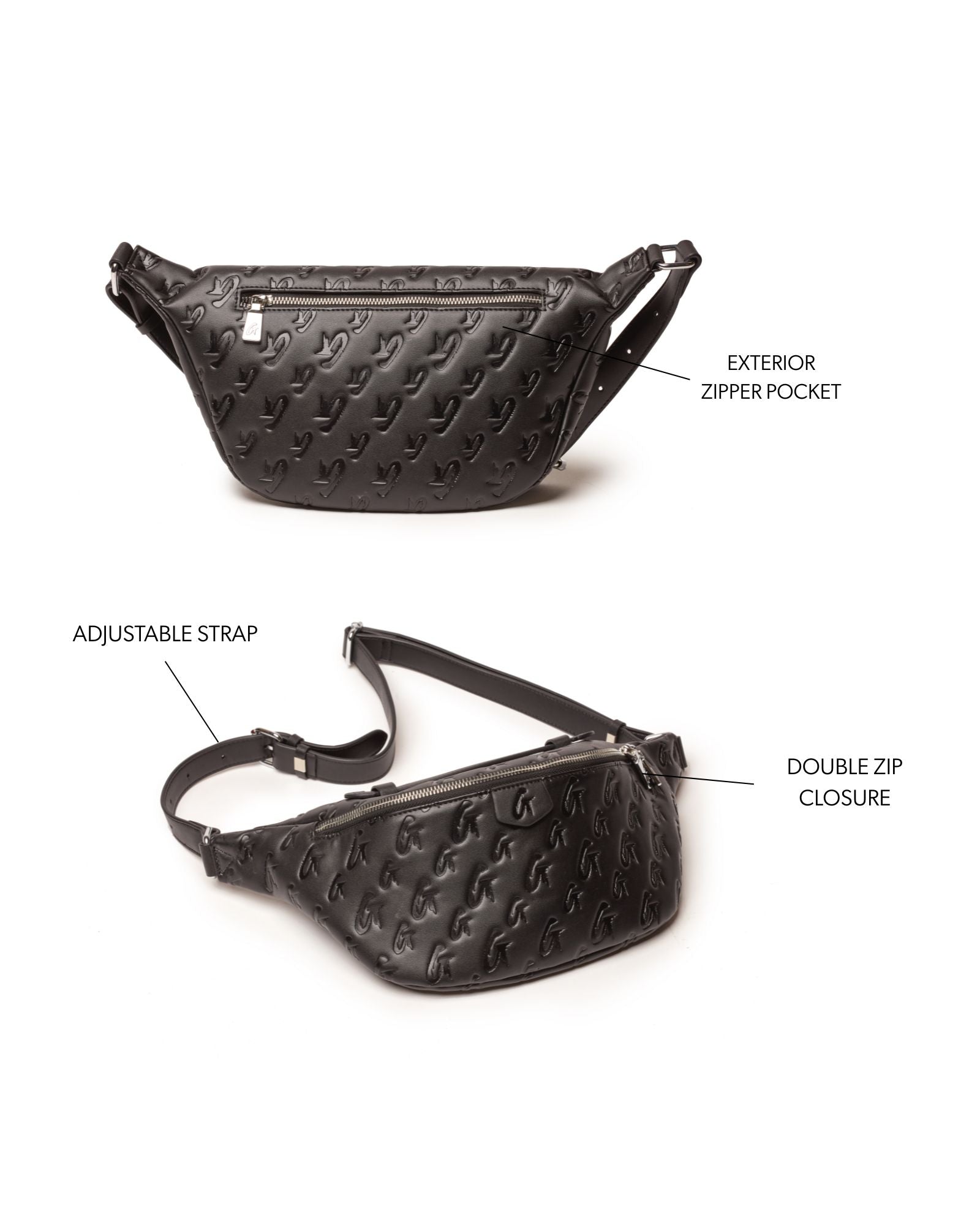 Black monogram fanny pack featuring an exterior zipper pocket, adjustable strap, and double zip closure.