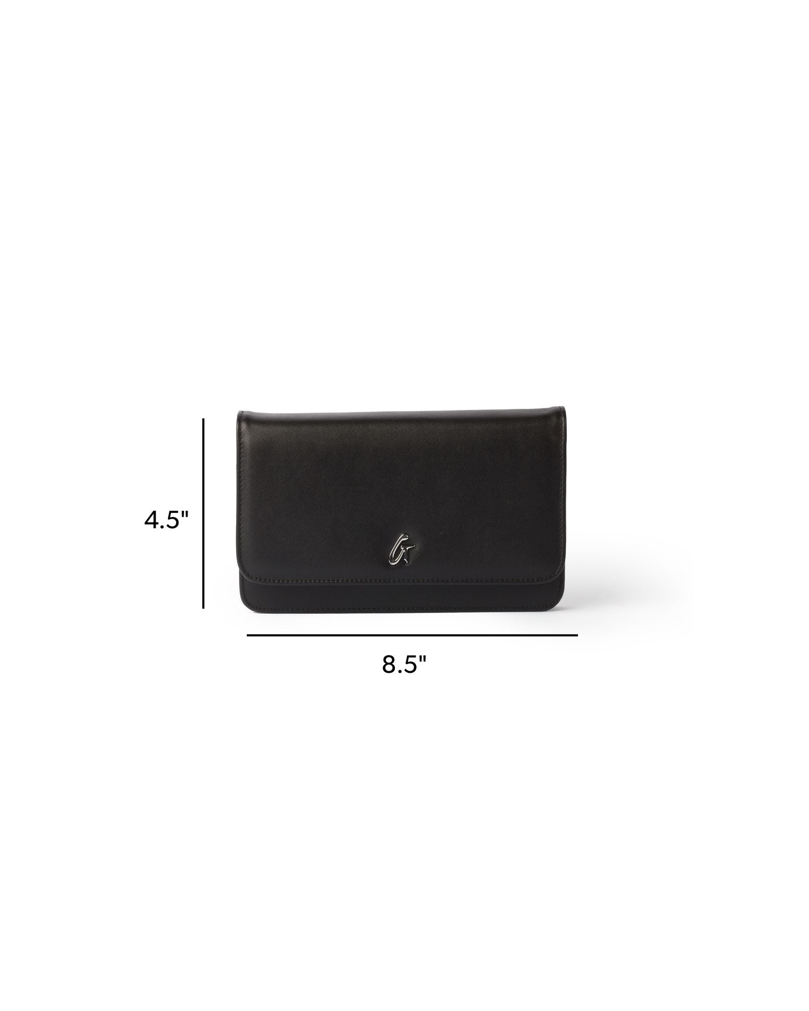 Elegant black wallet on a white background, featuring a sleek design with a silver logo, measuring 8.5 by 4.5 inches.