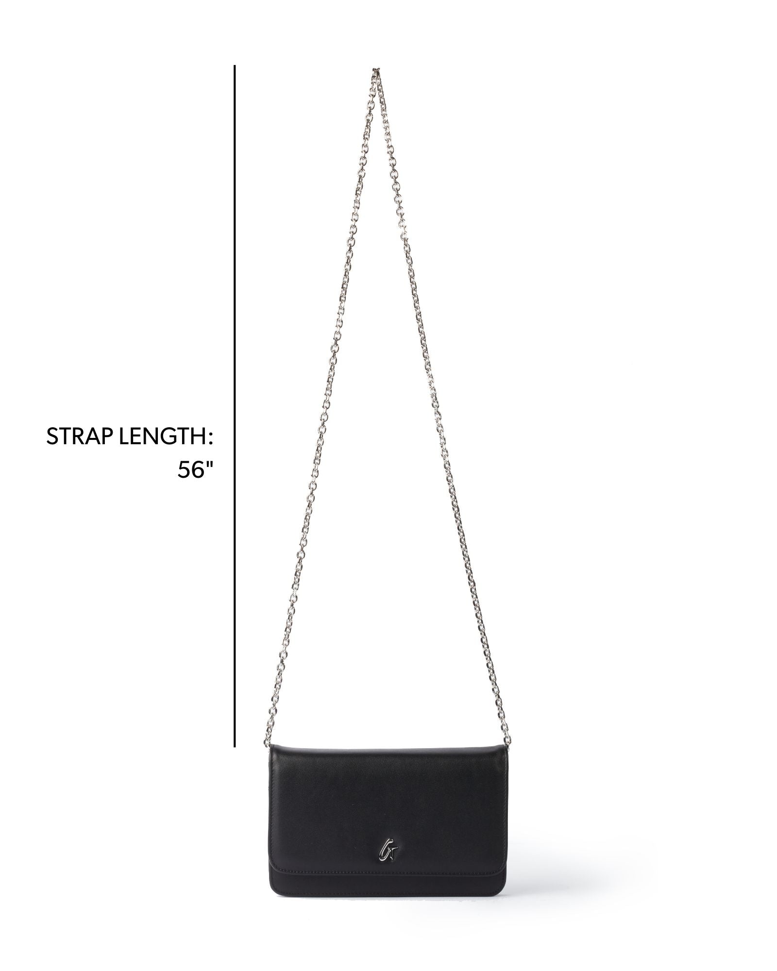 Elegant black wallet on a chain with a silver strap, perfect for stylish, affordable luxury. Strap length is 56 inches.