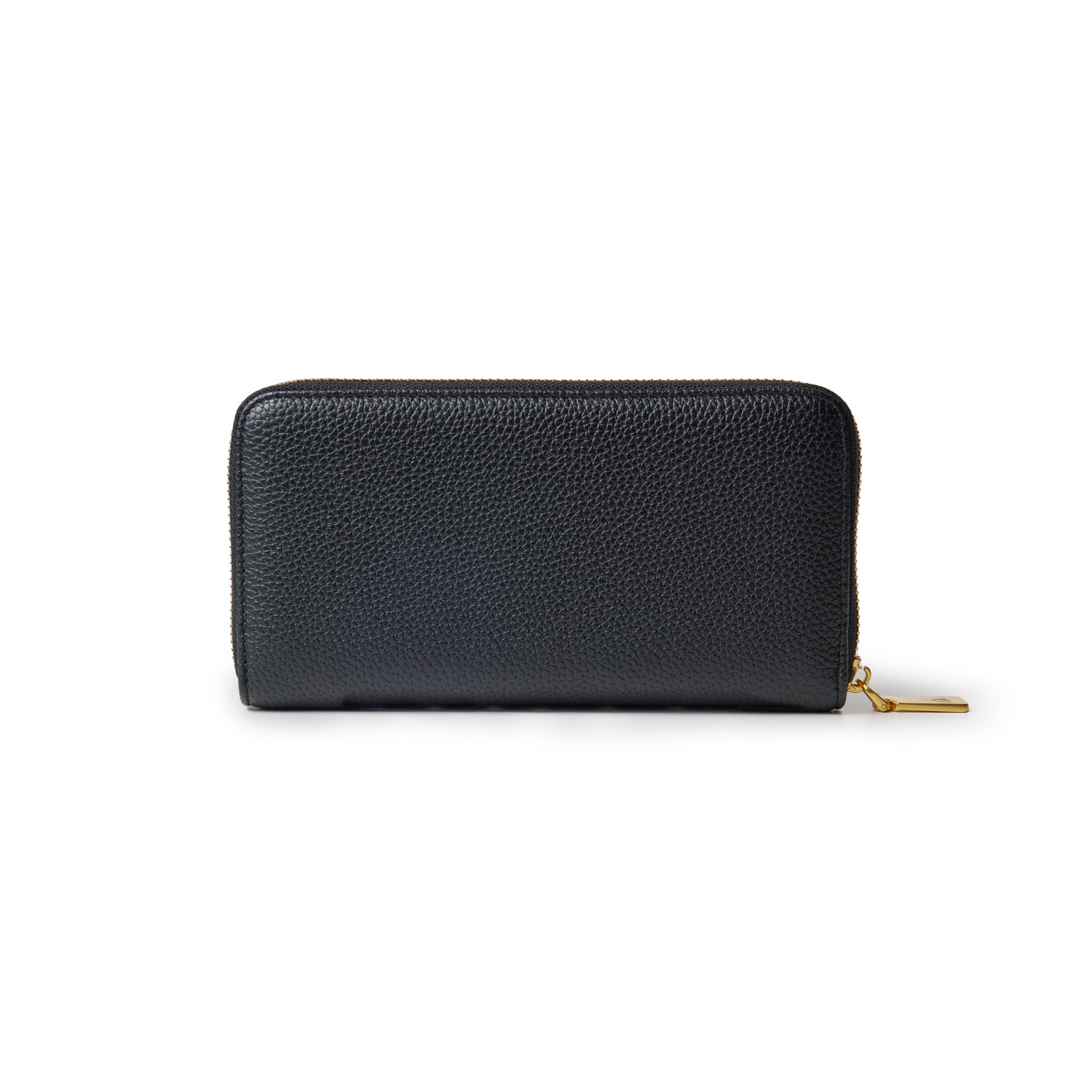 Black pebble-textured wallet with a gold zipper and pull tab, designed for storing cash and cards.