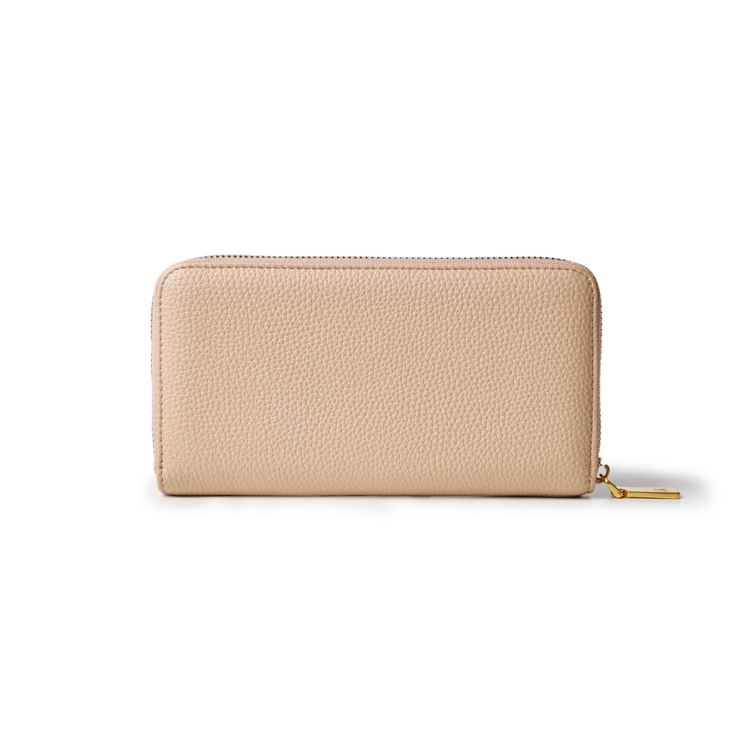 Nude pebble-textured wallet with a gold zipper and pull tab, rectangular shape, and minimalist design.