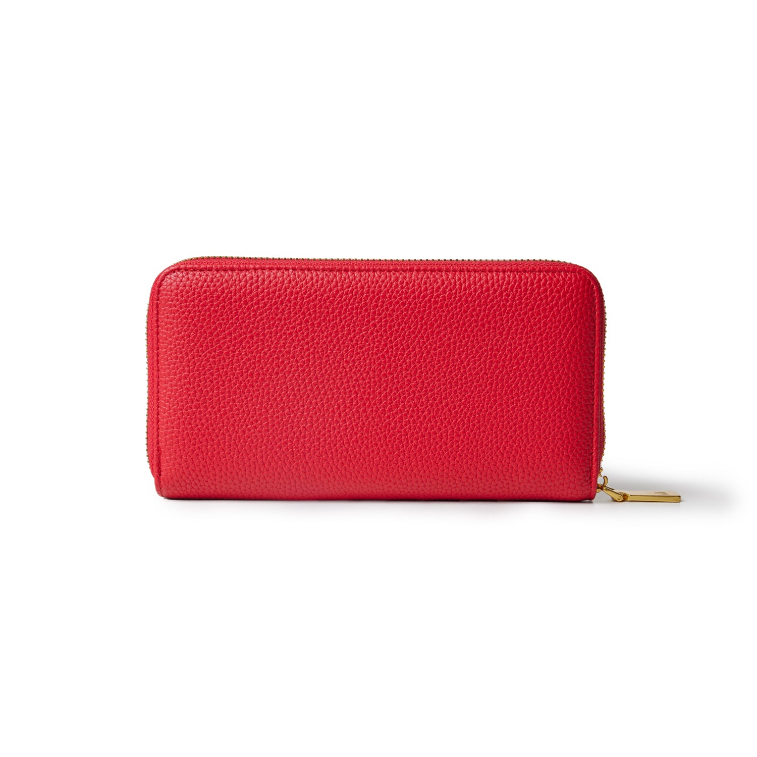 Red pebble leather wallet with gold zipper and pull tab, rectangular shape, and textured surface.