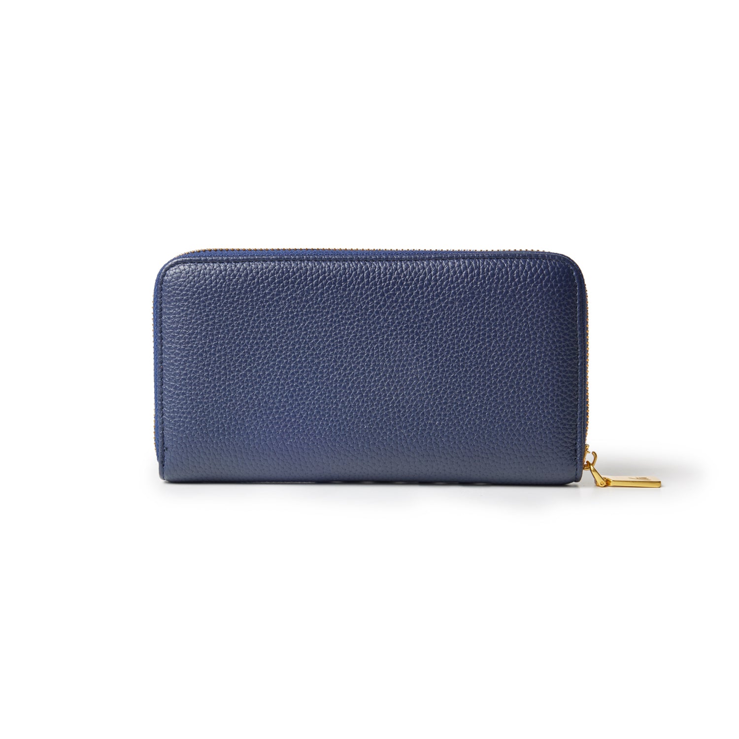 Navy blue pebble leather wallet with gold zipper and pull tab, rectangular shape, and textured surface.