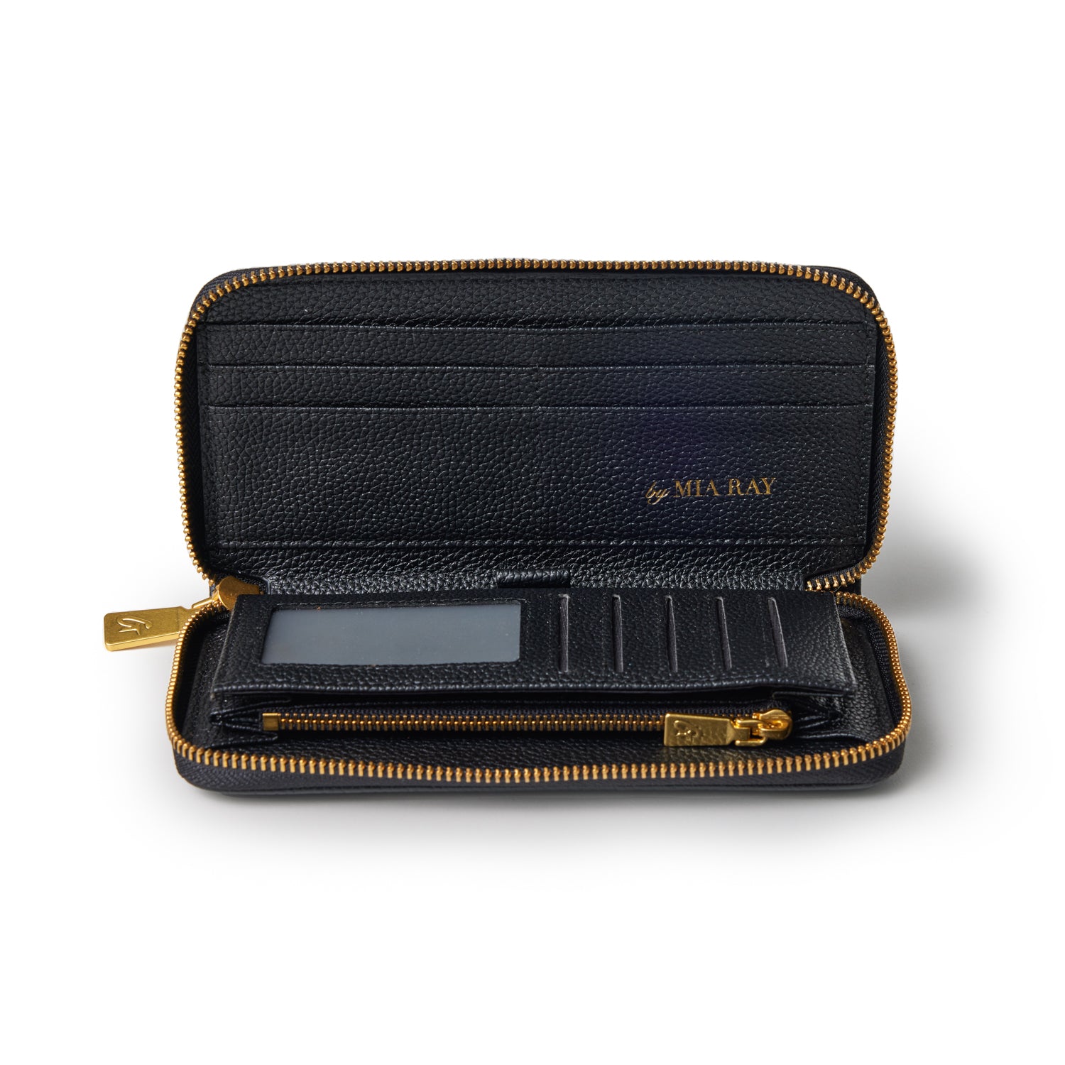 Open black pebble leather wallet with gold zipper, card slots, ID window, and "MIA RAY" branding inside.