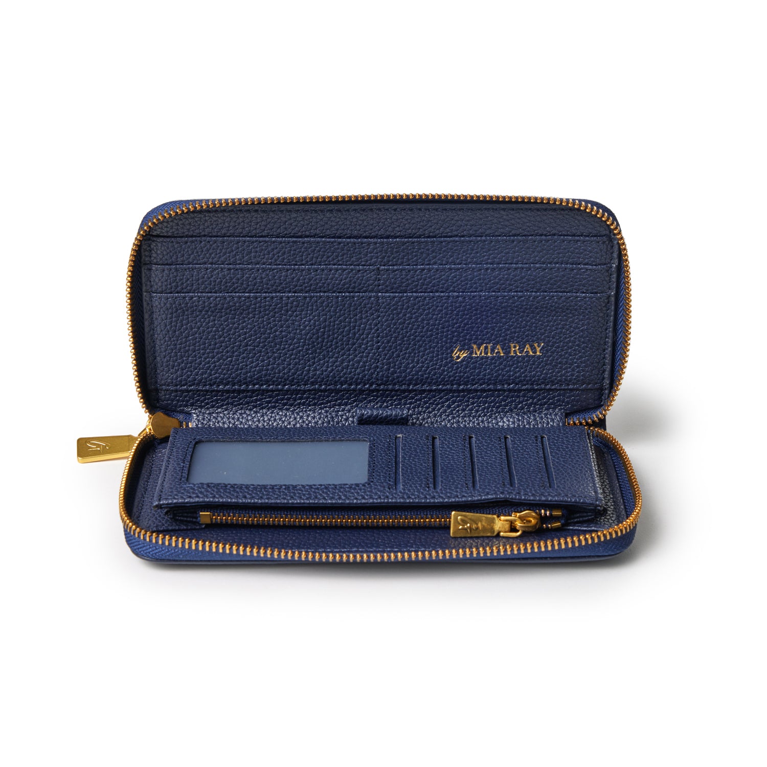 Open navy pebble leather wallet with card slots, a zippered coin pocket, and gold accents, branded "by MIA RAY.