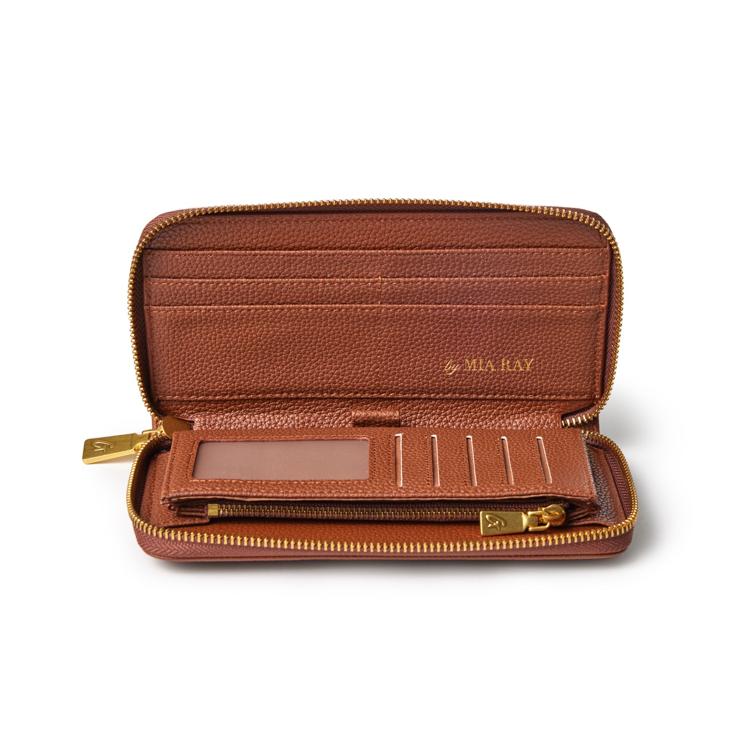 Brown pebble leather wallet with multiple card slots, a zippered coin pocket, and gold hardware, open to show interior.
