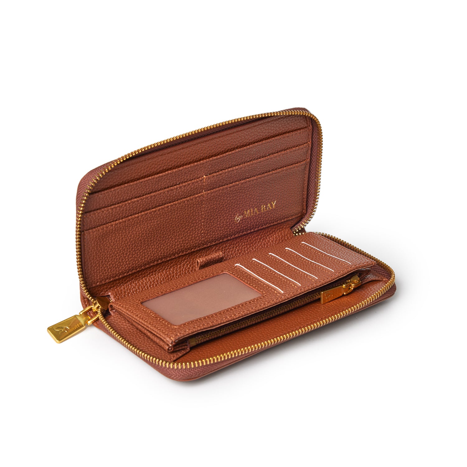 Brown pebble leather wallet with multiple card slots, a clear ID window, and a zippered coin compartment.
