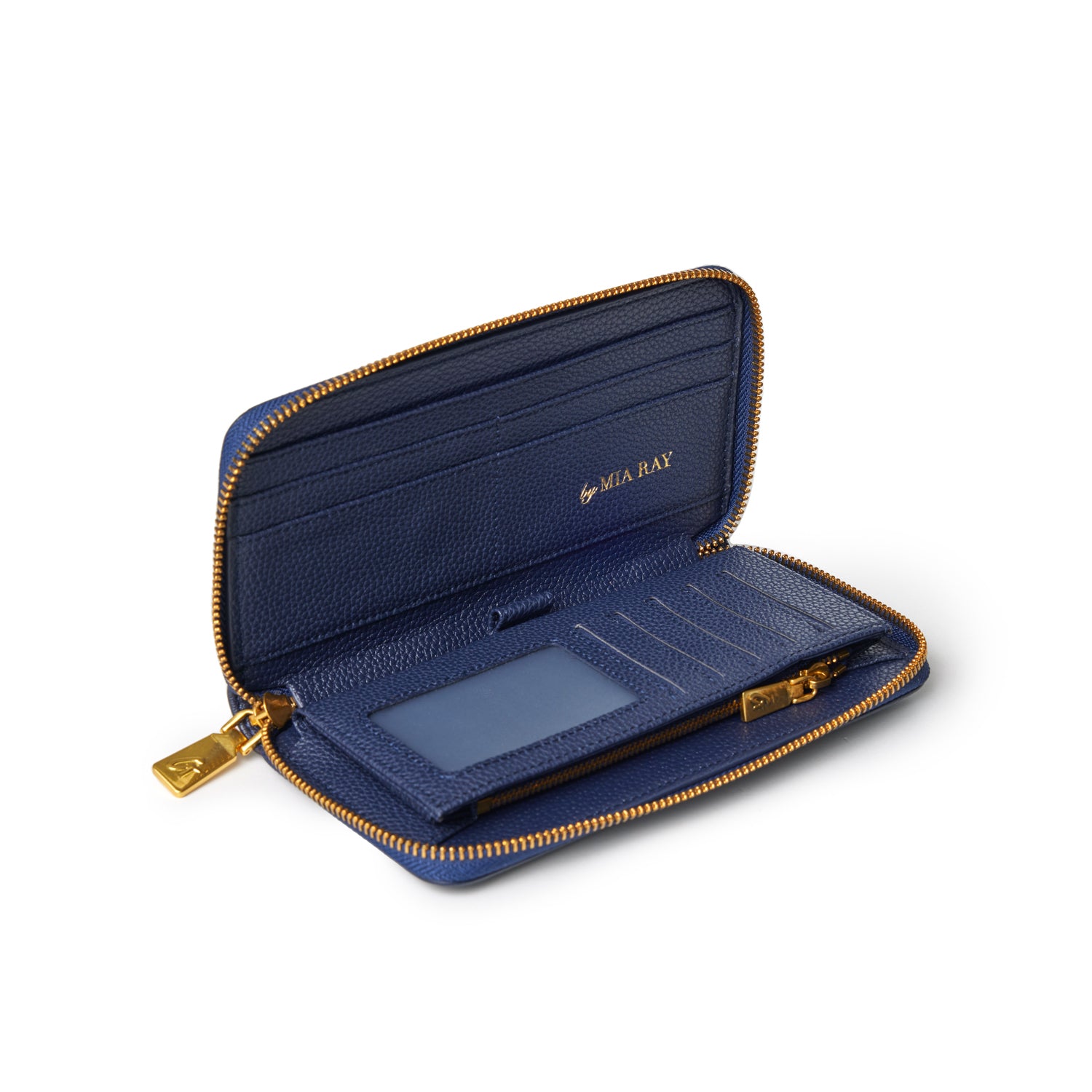 Open navy pebble wallet with multiple card slots, a clear ID window, and gold zipper, branded with "by Mia Ray.