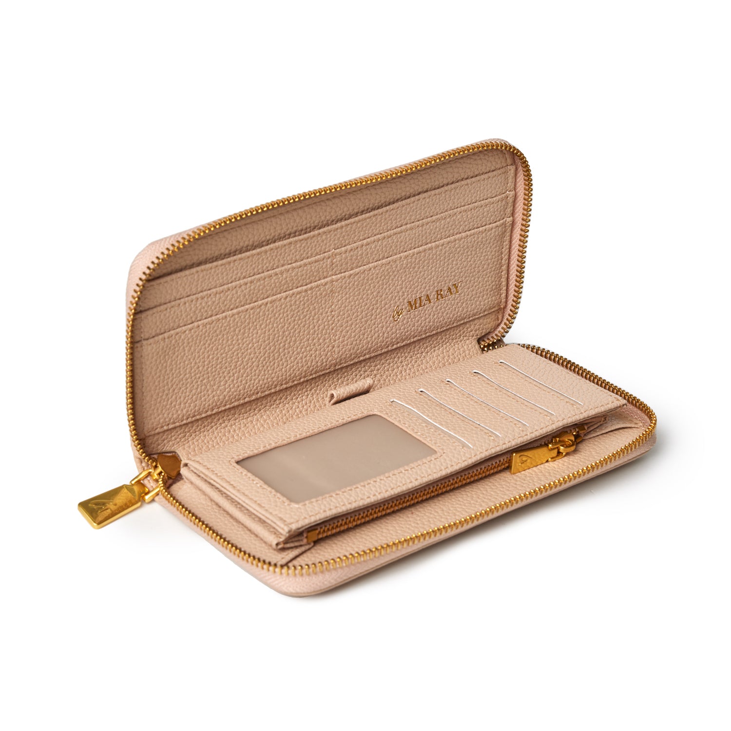 Open nude pebble leather wallet with multiple card slots, a clear ID window, and gold zipper details.
