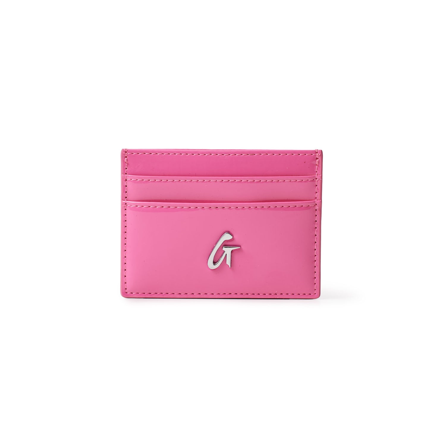 Pink mirror finish silver card holder with a silver "G" logo on the front, featuring multiple card slots on the back.