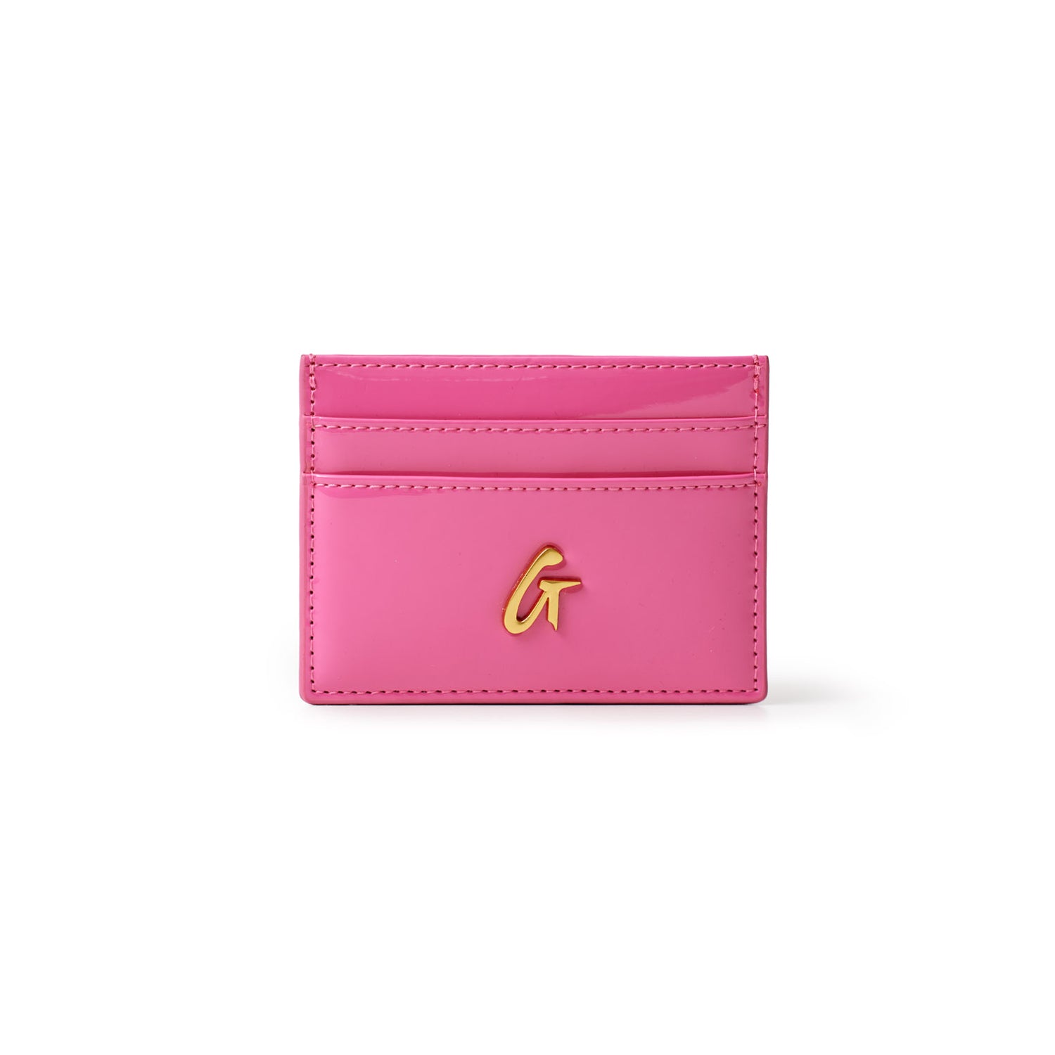 Mirror hot pink card holder with gold "G" logo and multiple card slots, compact and stylish for everyday use.