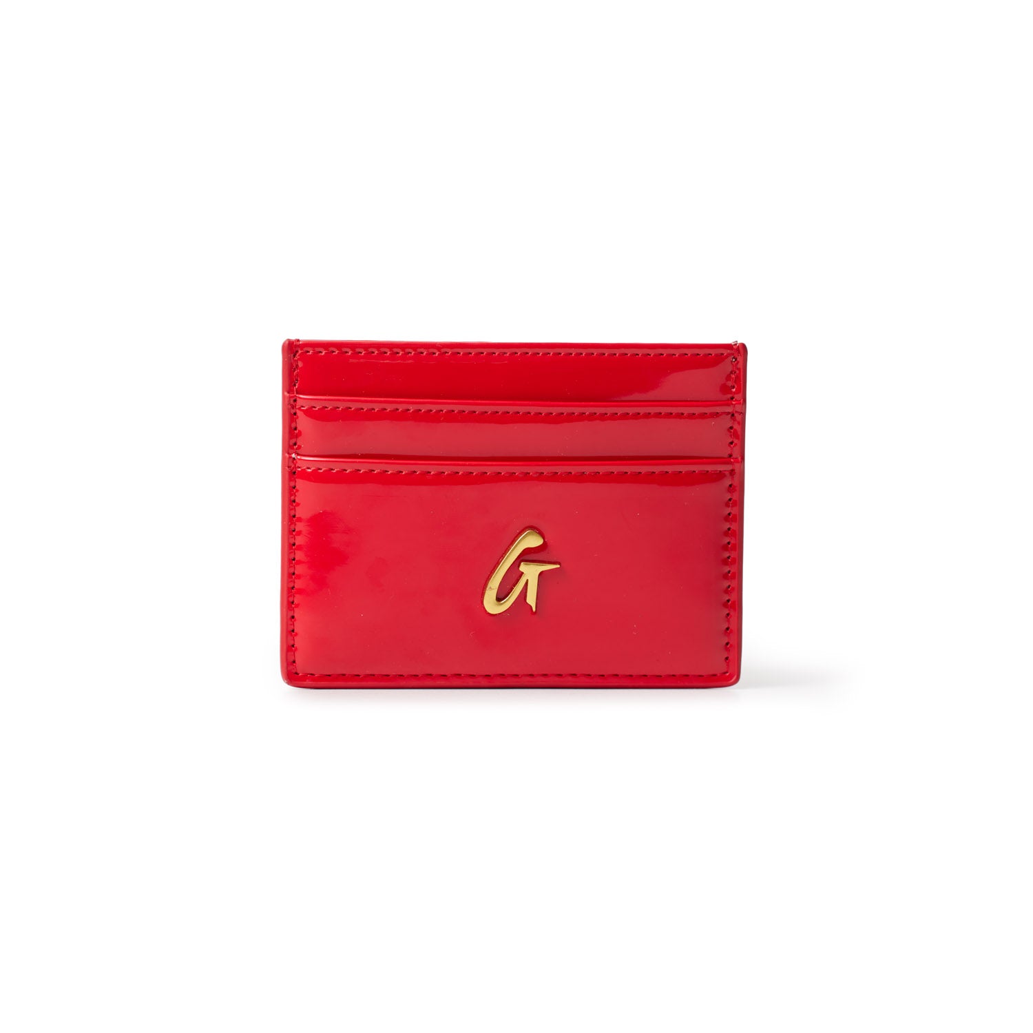 Red mirror finish gold logo card holder with multiple card slots, designed for storing credit or ID cards.