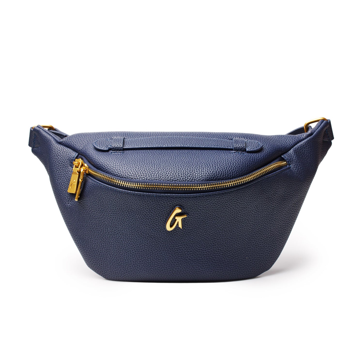 Navy Pebble Fanny Pack with gold zipper and logo, made of textured leather, designed for hands-free convenience.