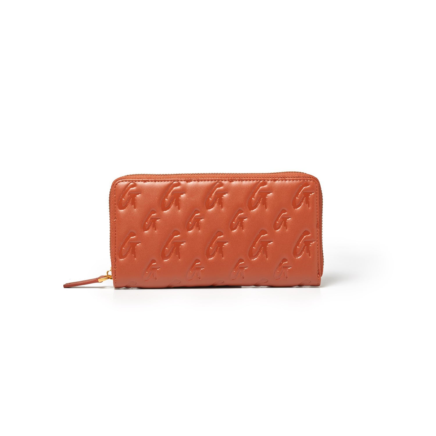 Brown leather wallet with embossed monogram pattern, zip-around closure, and gold-tone hardware.