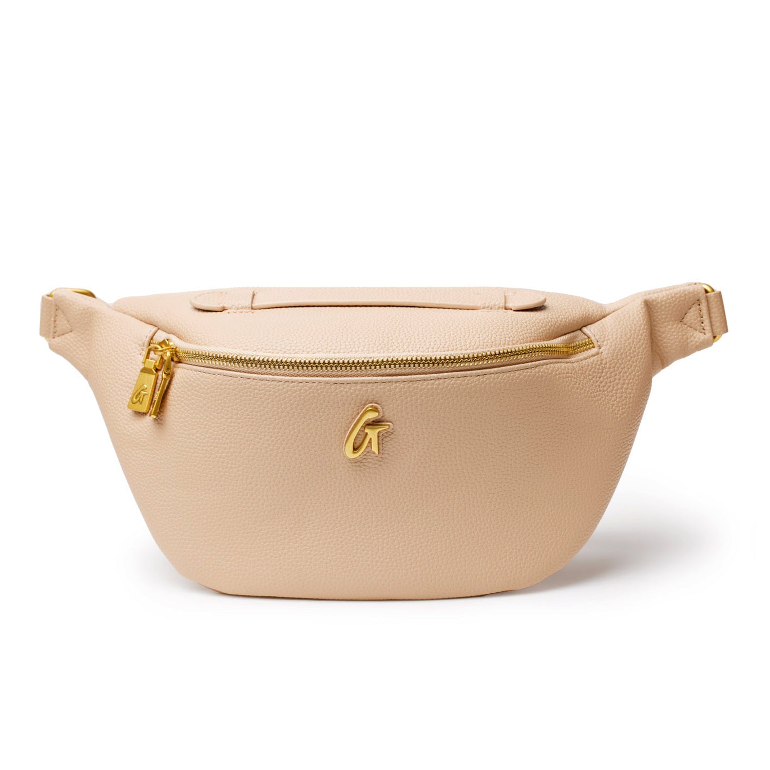 Peach-colored Pebble Fanny Pack with gold zipper and logo, made of textured material, designed for casual wear.