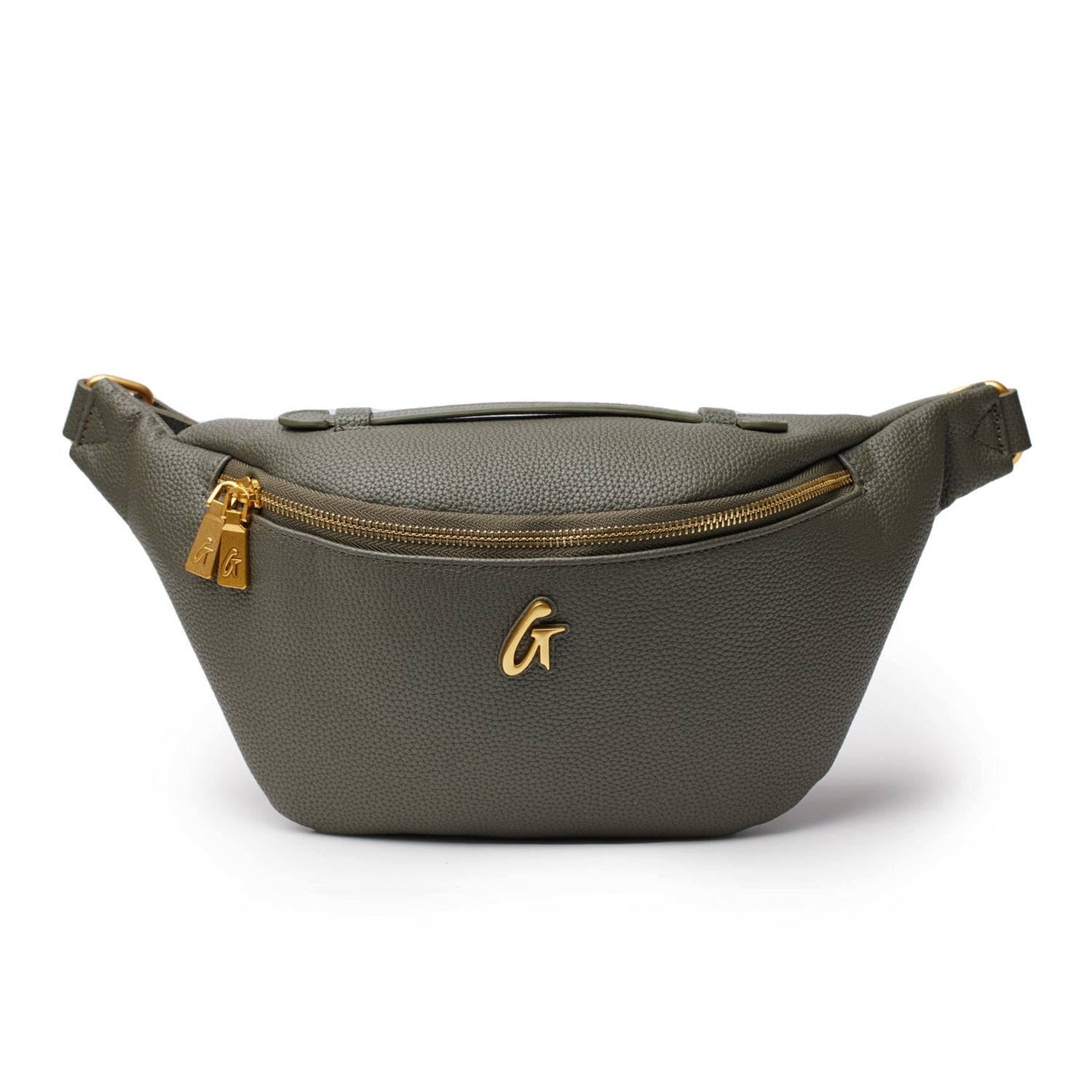 Olive green Pebble Fanny Pack with gold zipper and logo, made of textured material, designed for hands-free convenience.