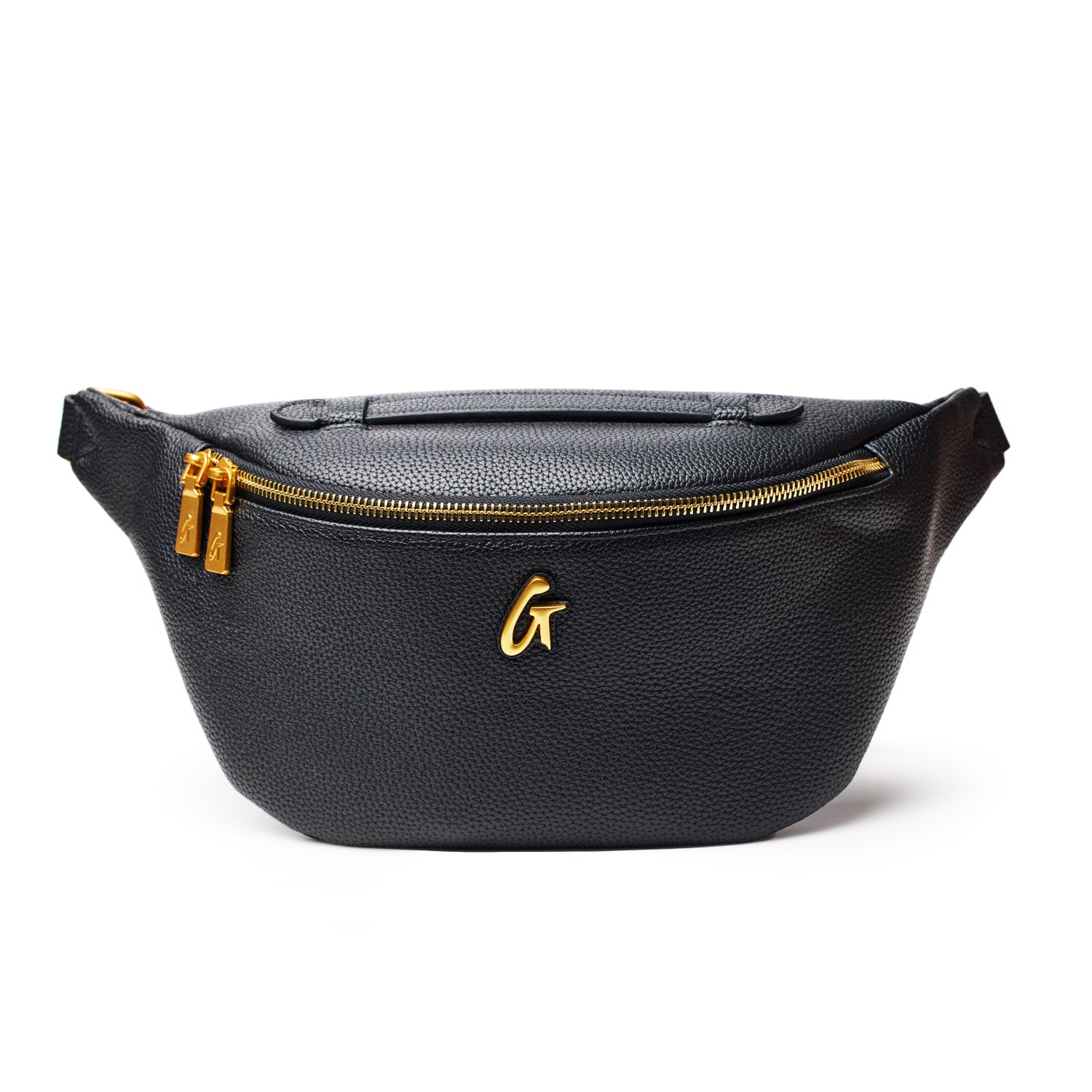 Black Pebble Fanny Pack with gold zipper and logo, compact design, and adjustable strap for versatile wear.