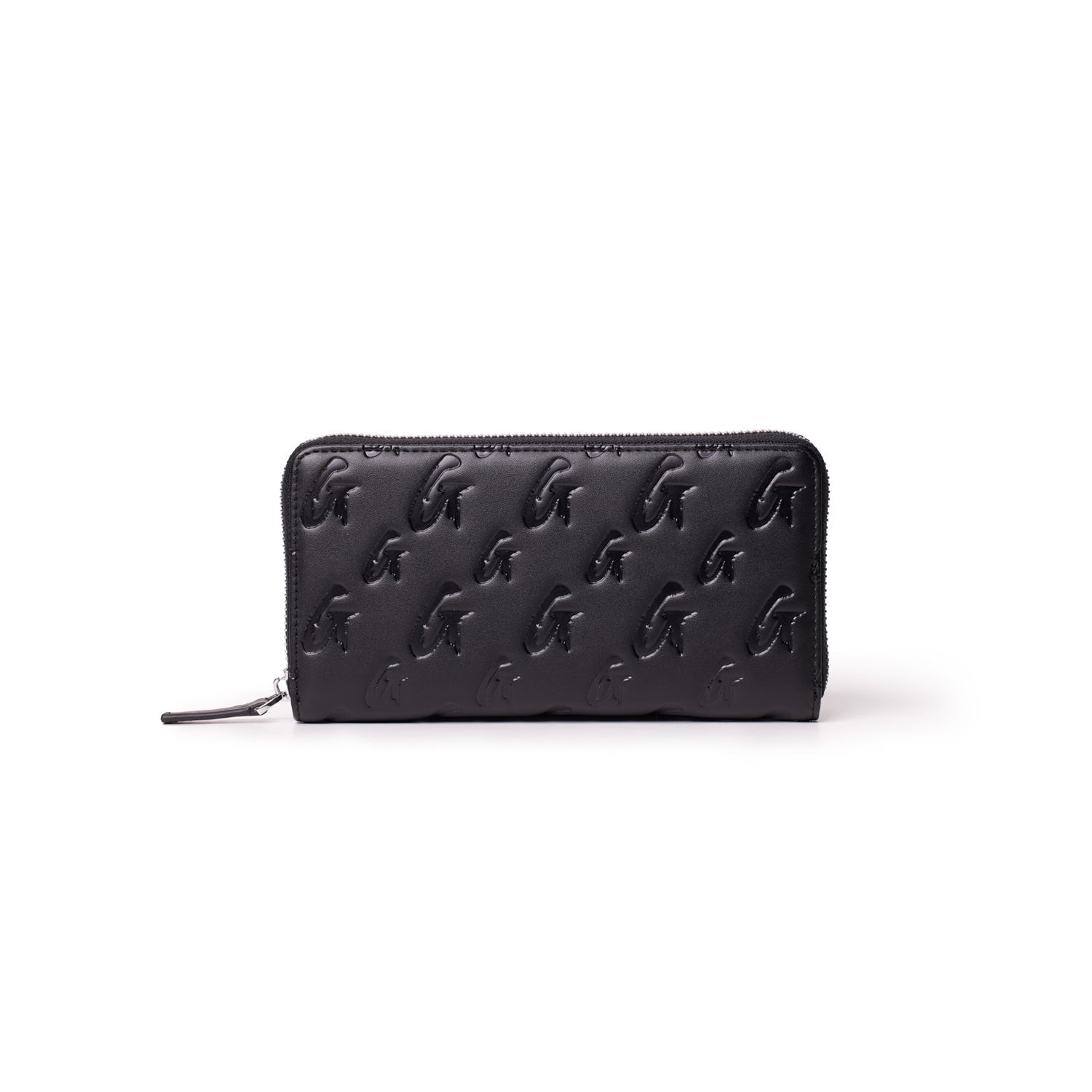 Black matte leather wallet with embossed monogram G pattern and zip-around closure, stylish and functional accessory.