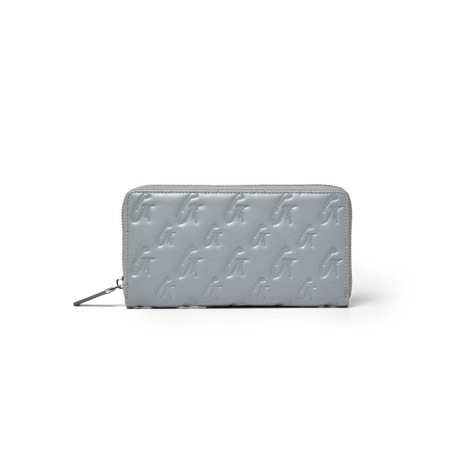 Gray leather wallet with embossed monogram pattern, zip-around closure, and sleek rectangular design.