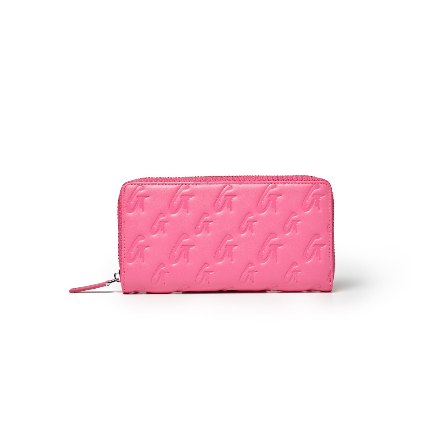 Pink leather wallet with embossed G monogram pattern, zip-around closure, and wrist strap for stylish organization.