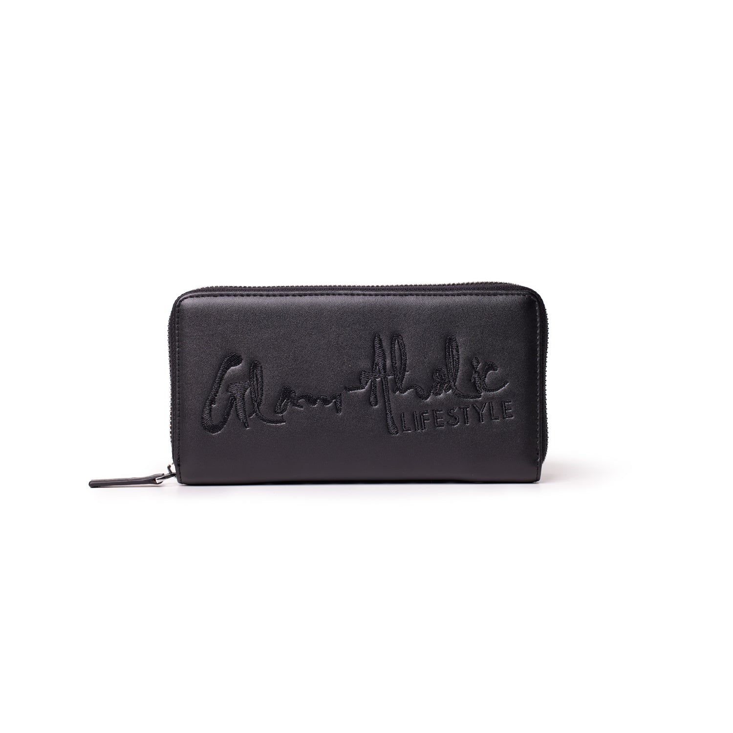 Black wallet with embroidered "Lifestyle" text and a zipper closure, designed for stylish everyday use.