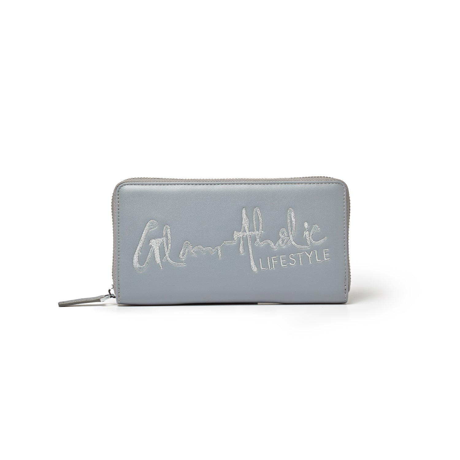Gray signature logo wallet with embroidered "Girl am Athelic Lifestyle" text, zip-around closure, and sleek design.
