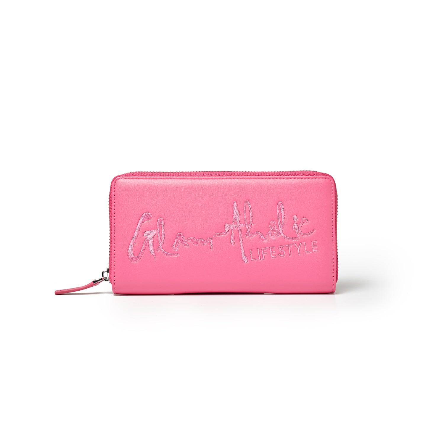 Hot pink wallet with embroidered "Glamatic Lifestyle" logo, zip closure, and sleek rectangular design.