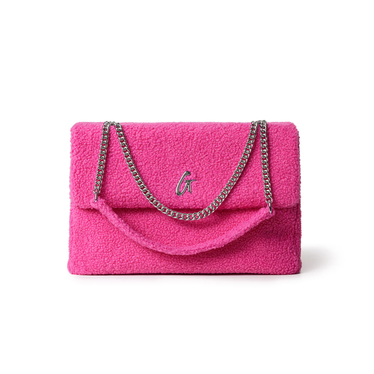 Large hot pink teddy flap bag featuring a plush texture and silver chain accents for a stylish, luxurious look.