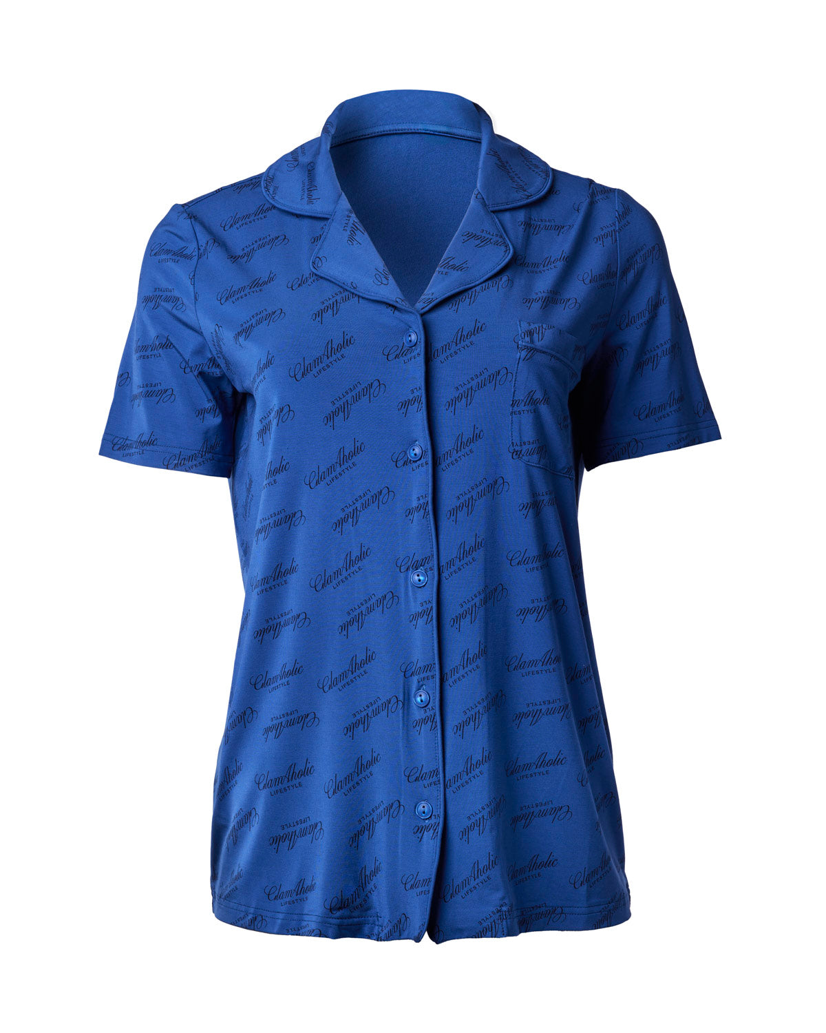 Navy short pajama set featuring a button-up top with a stylish logo print, perfect for comfortable lounging.