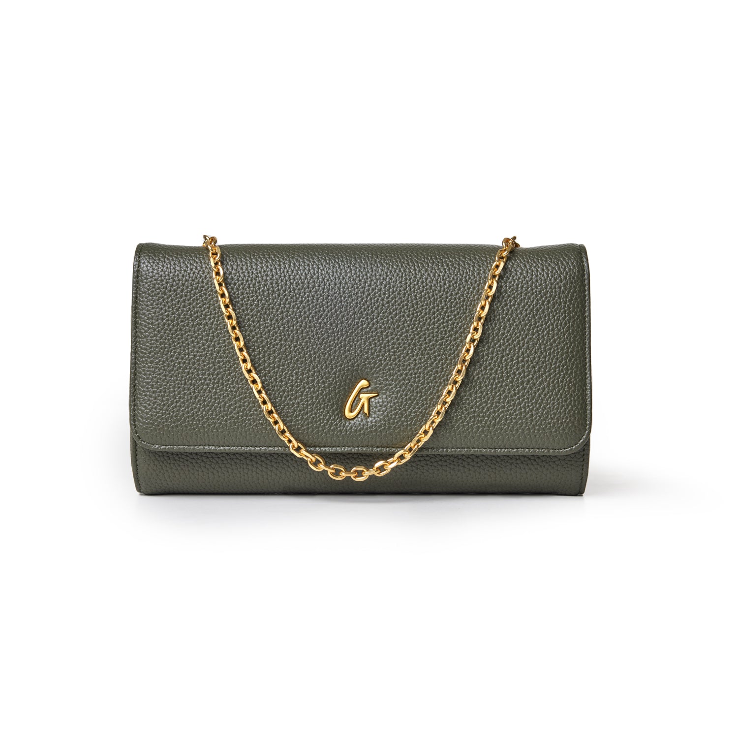Olive green Pebble Travel Wallet on Chain (WOC) with a gold chain and logo, made of textured leather.