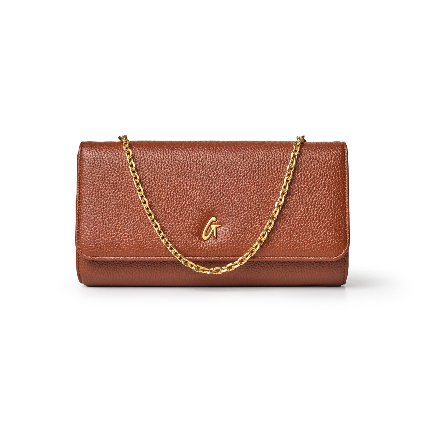 Brown Pebble Travel Wallet on Chain (WOC) with a gold chain and logo, designed for travel and elegance.