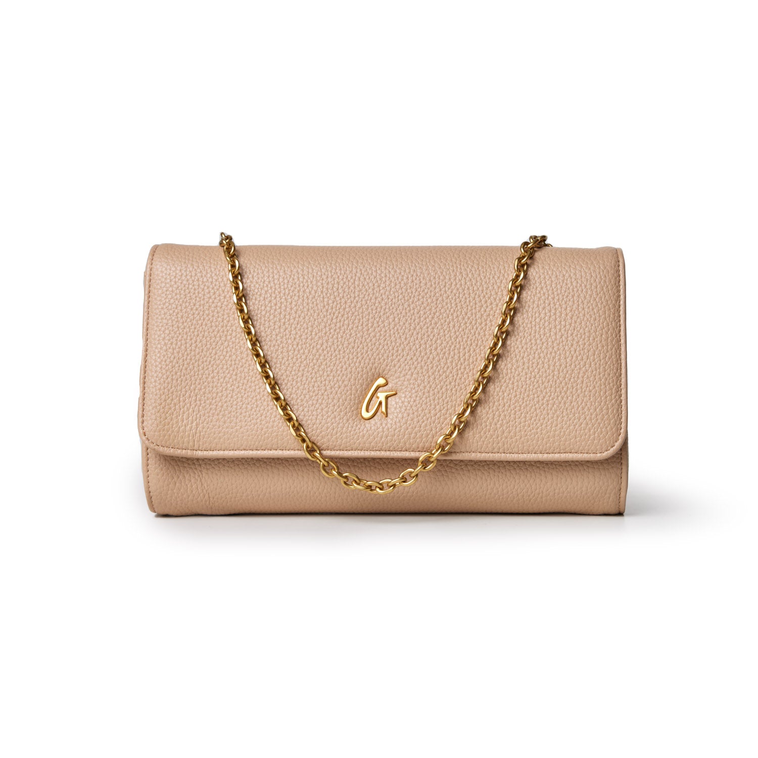 Beige Pebble Travel Wallet on Chain with gold chain and logo, designed for travel and elegance.
