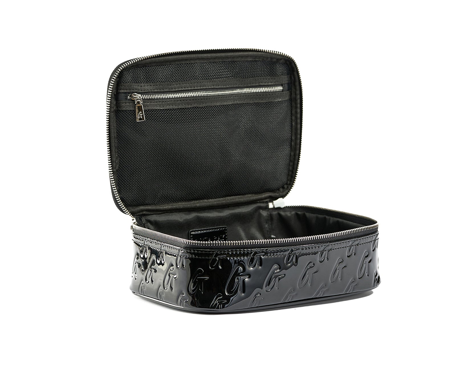 Open black medium monogram toiletry bag with a glossy finish, embossed with repeating letter G, and interior compartments.