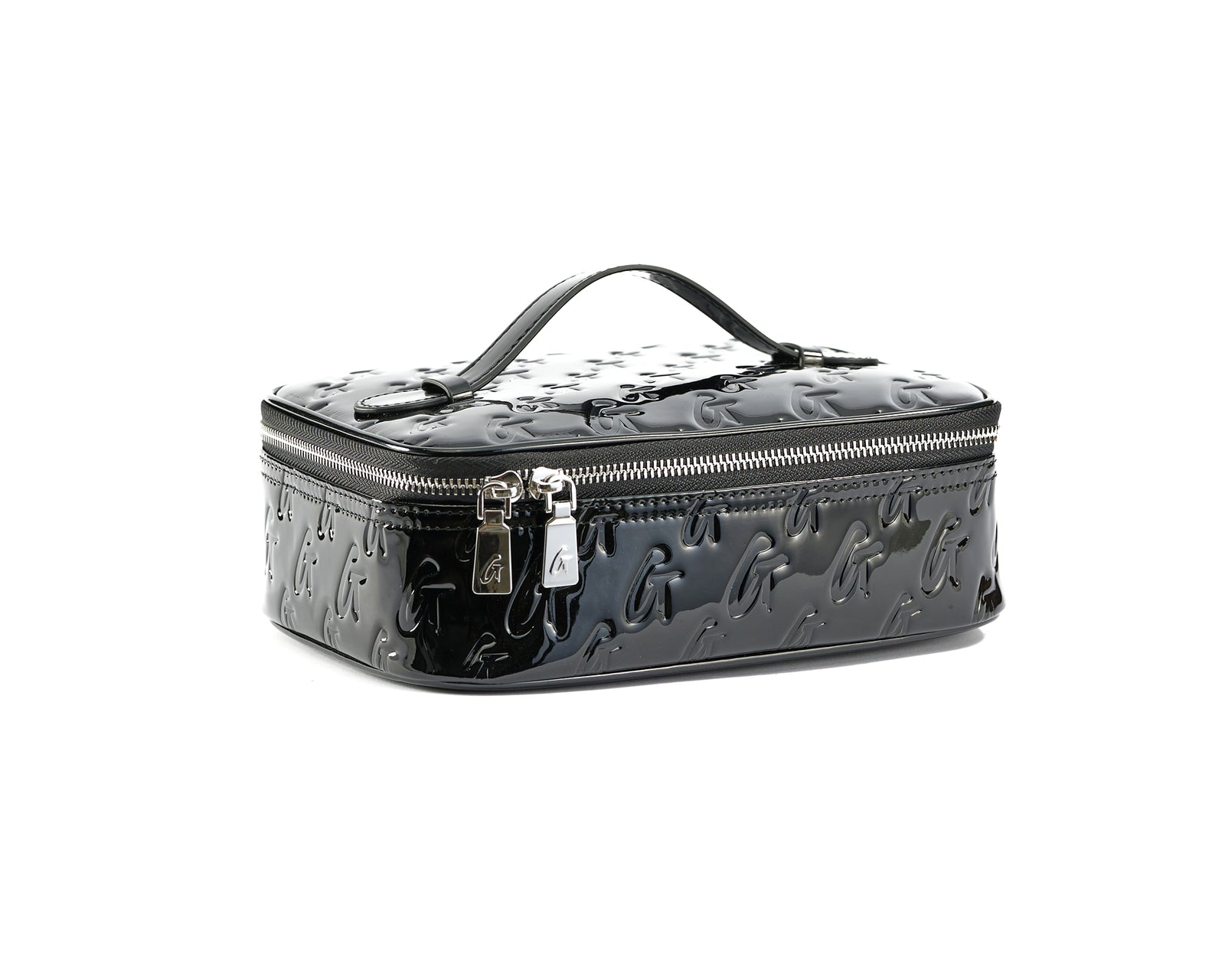 Black glossy monogram toiletry bag with a handle, embossed with a repeating "G" pattern and silver zipper.