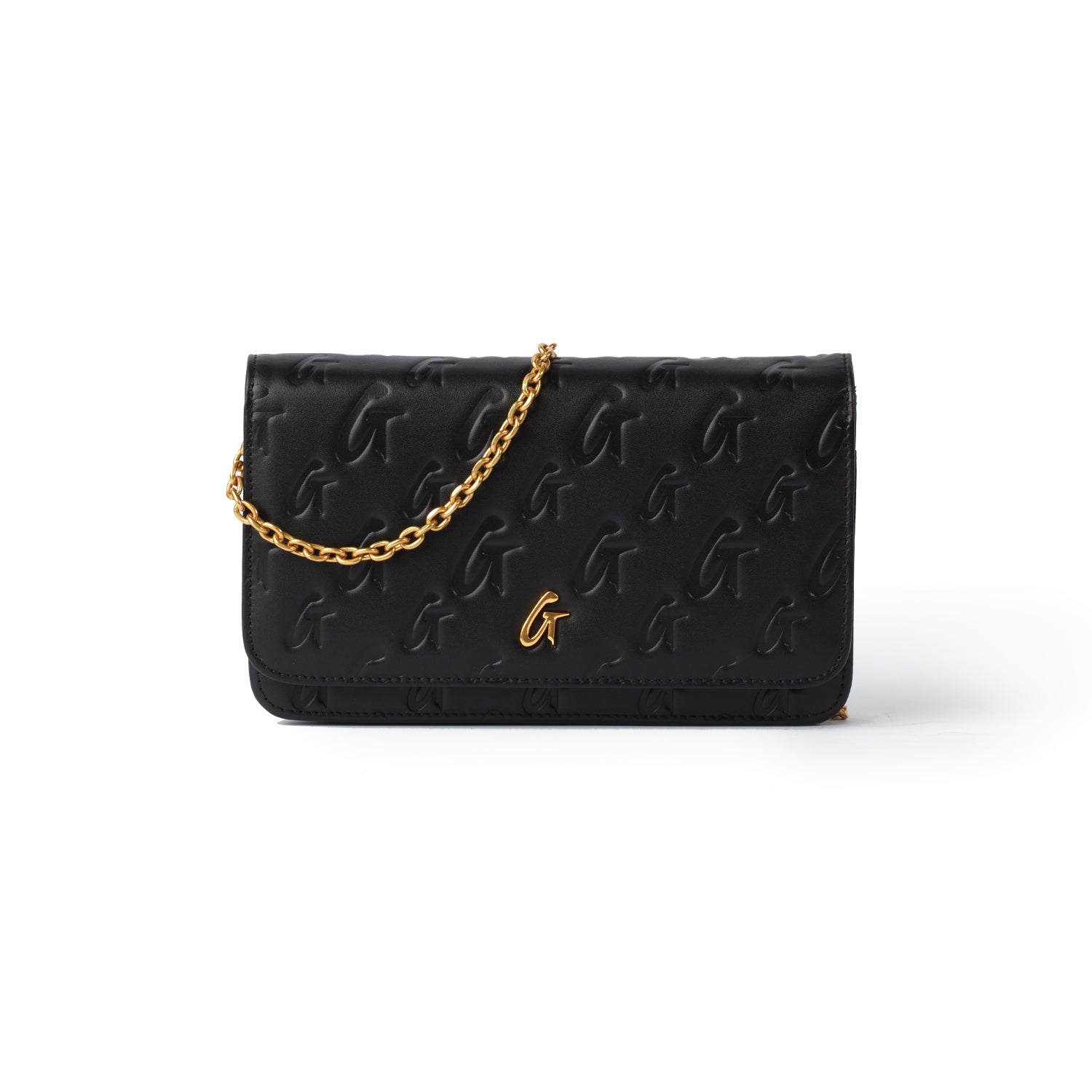 Black Monogram Gold WOC handbag with embossed logo pattern, gold chain strap, and gold logo detail on front.