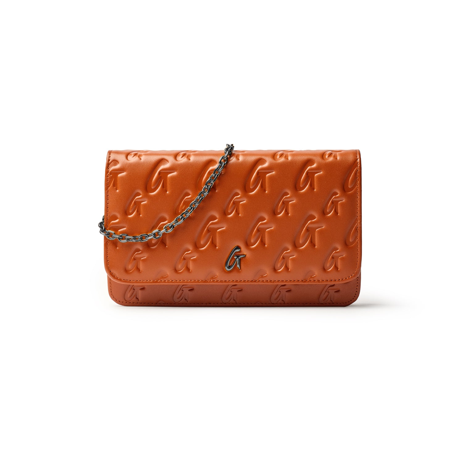 Monogram Gunmetal WOC handbag in brown leather with embossed G pattern and a chain strap.