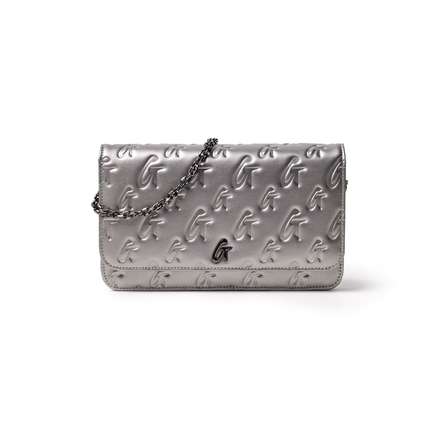 Monogram gunmetal gray leather wallet on chain with embossed G pattern and platinum finish, featuring a black metal logo.
