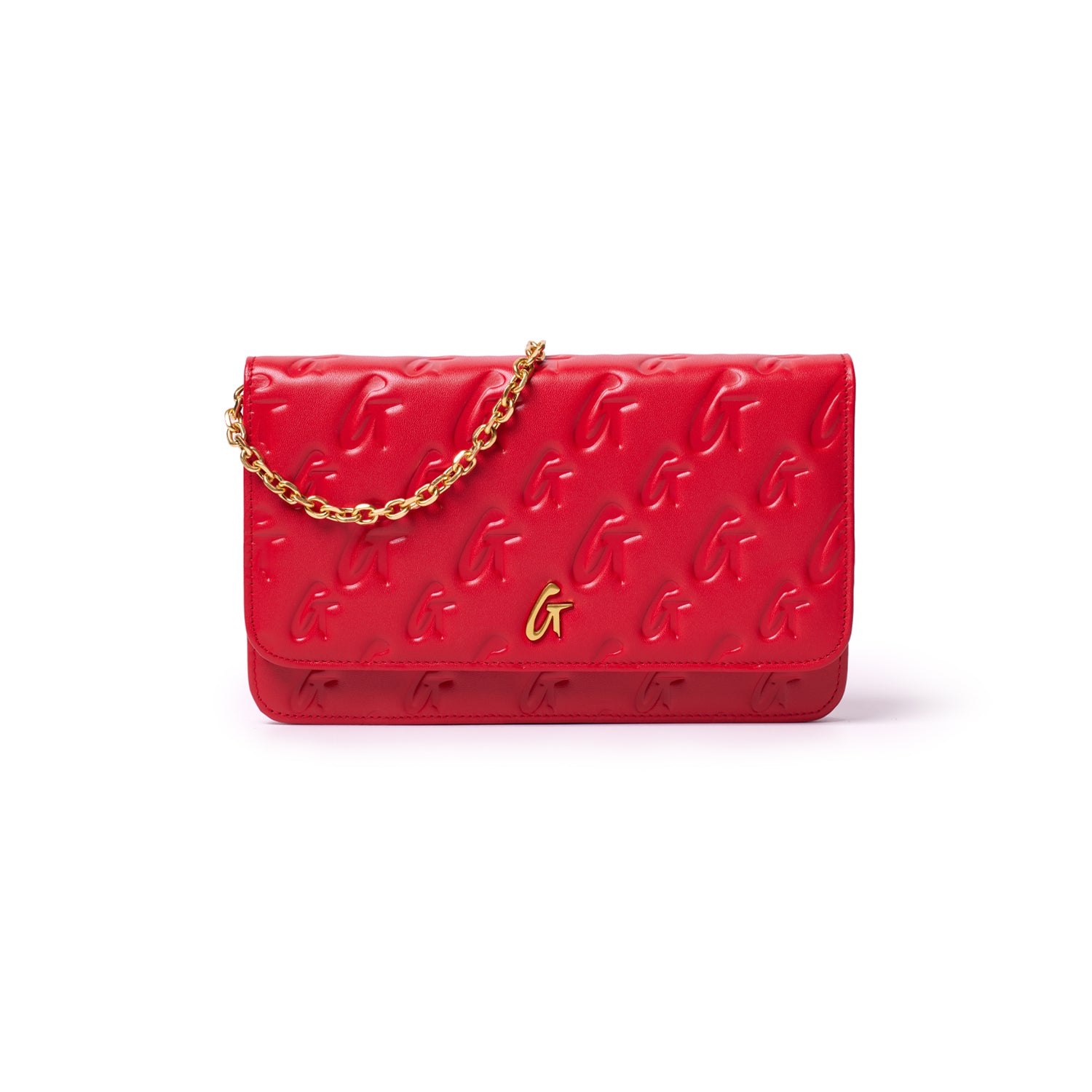 Red Monogram Gold WOC clutch with embossed G pattern, gold chain strap, and gold G logo on front.