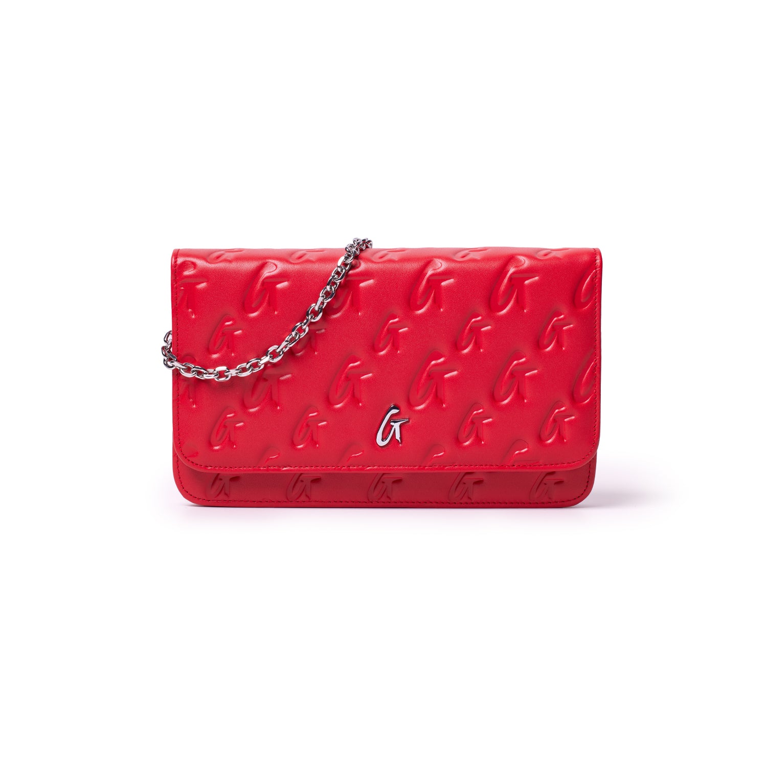 Red Monogram Silver WOC clutch with embossed "G" pattern and a silver chain strap.