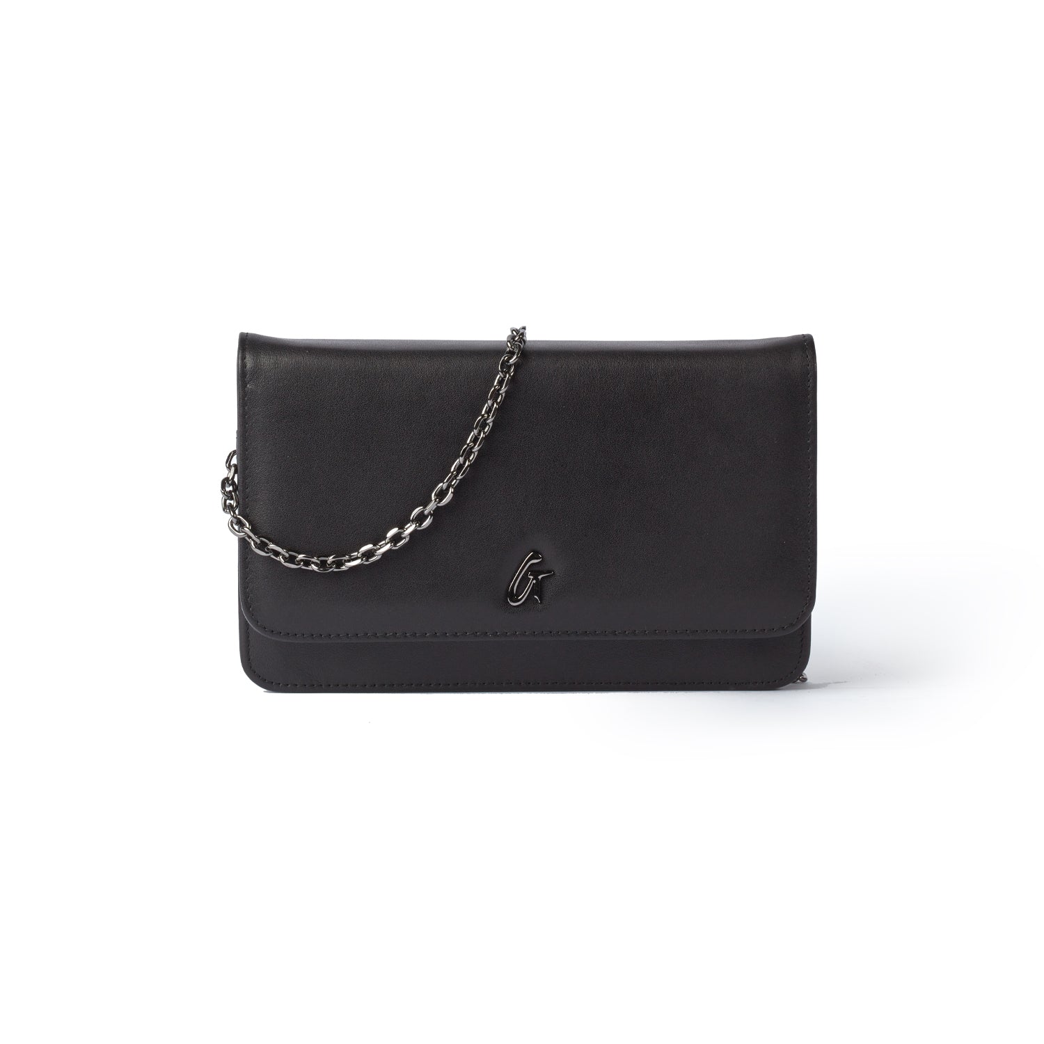 Black gunmetal-colored women's clutch bag with a chain strap and a small logo on the front.