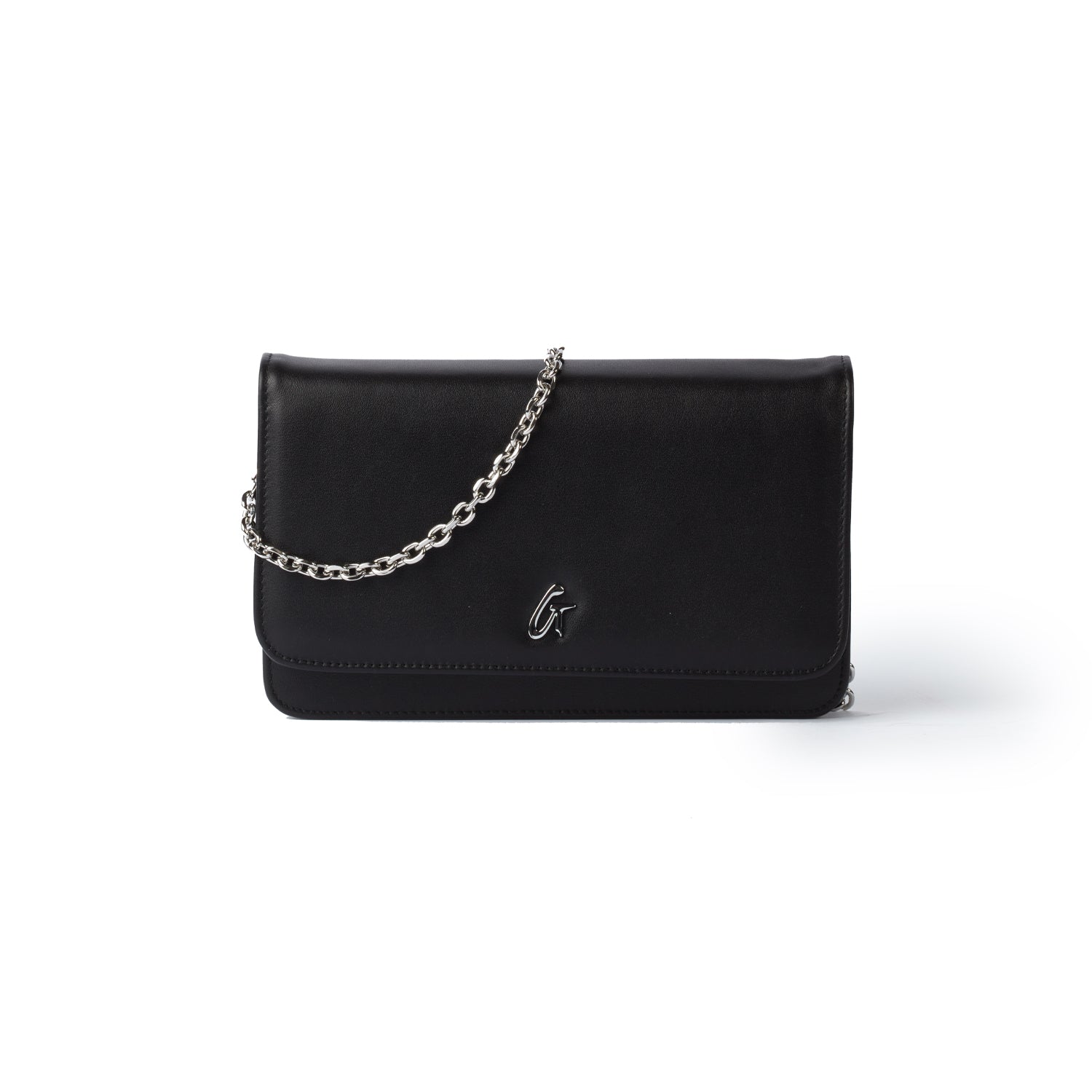 Black leather shoulder bag with a silver chain strap and a silver logo on the front.
