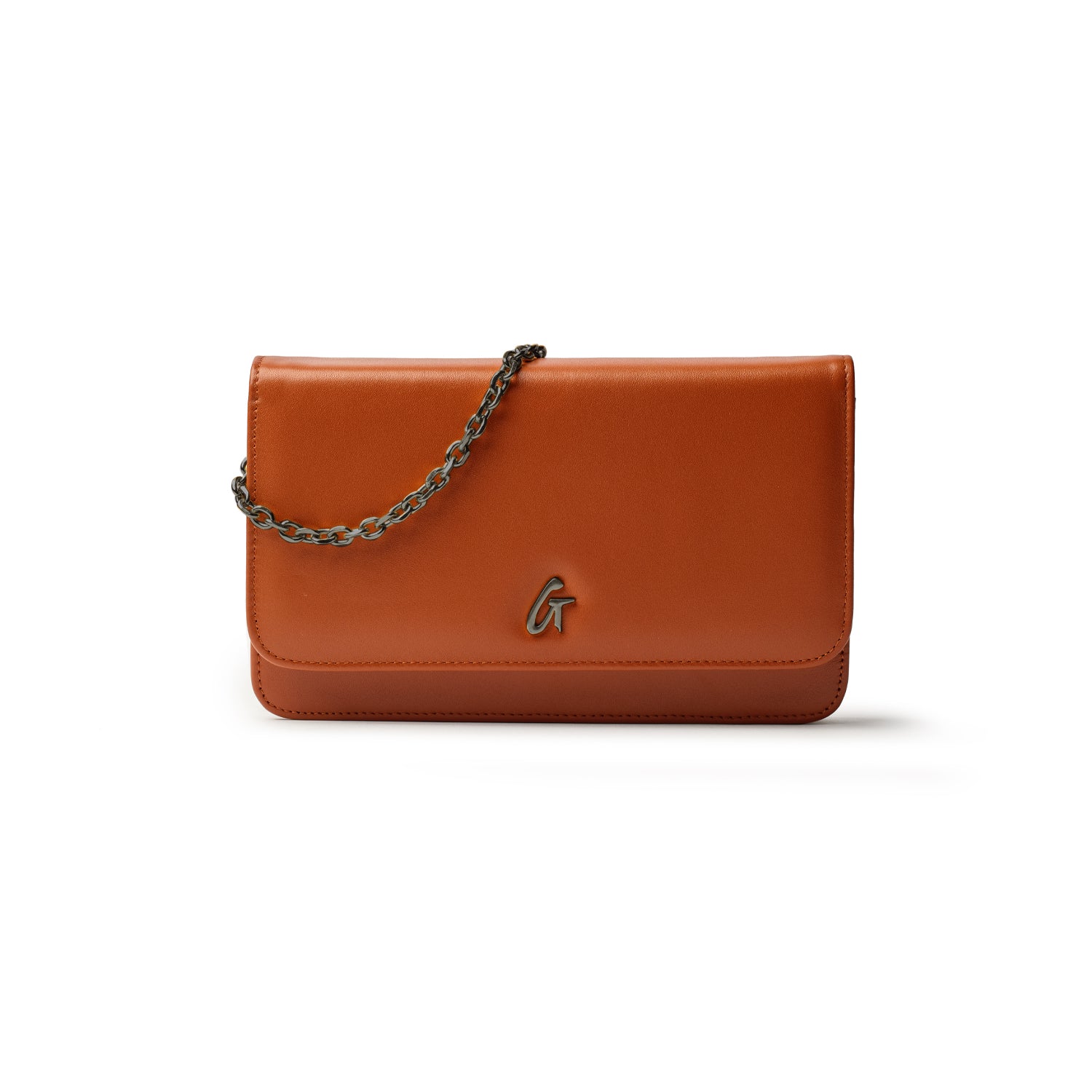 Brown gunmetal-colored women's clutch with a chain strap and a stylish "G" logo on the front.