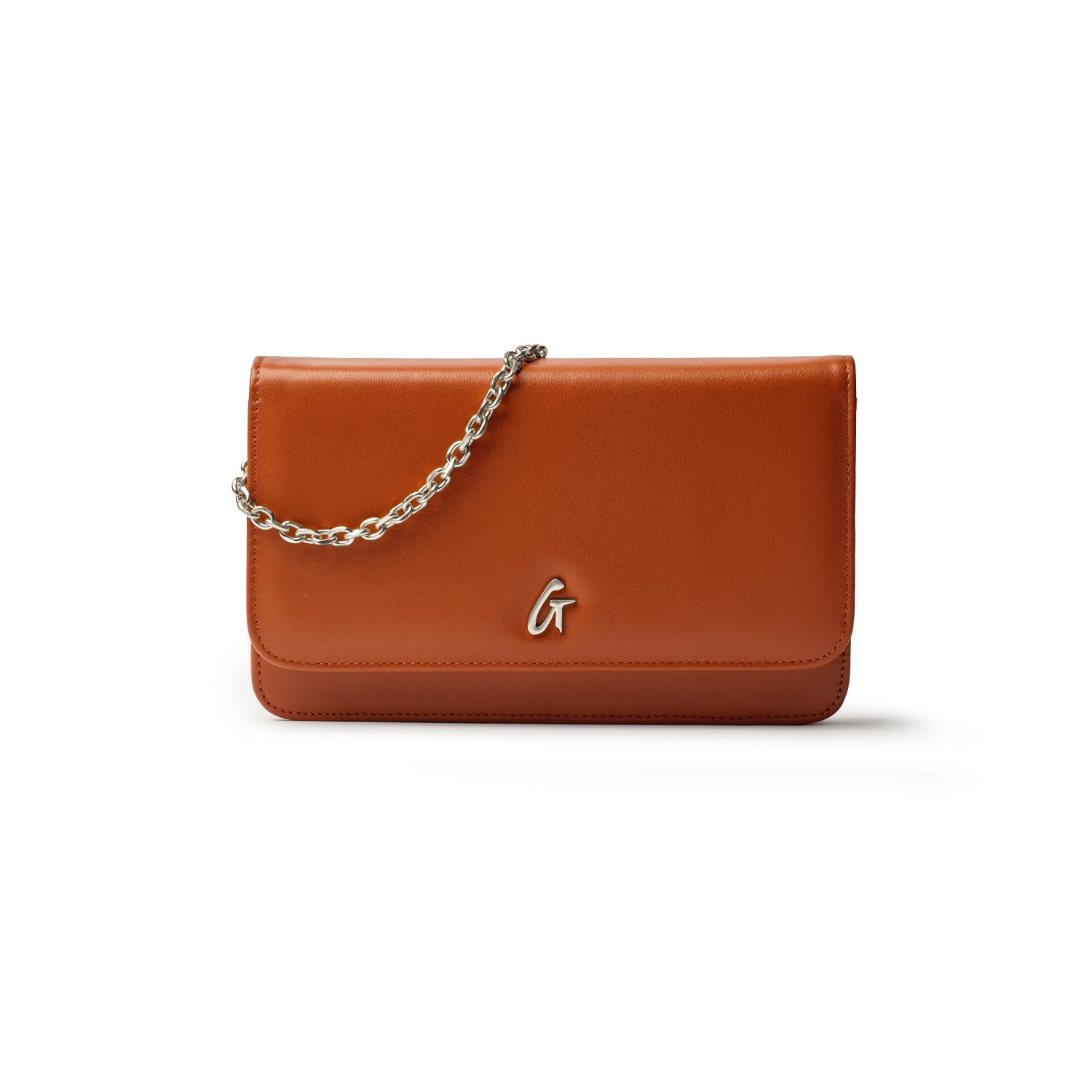 Brown leather clutch bag with a silver chain strap and a silver "G" logo on the front.