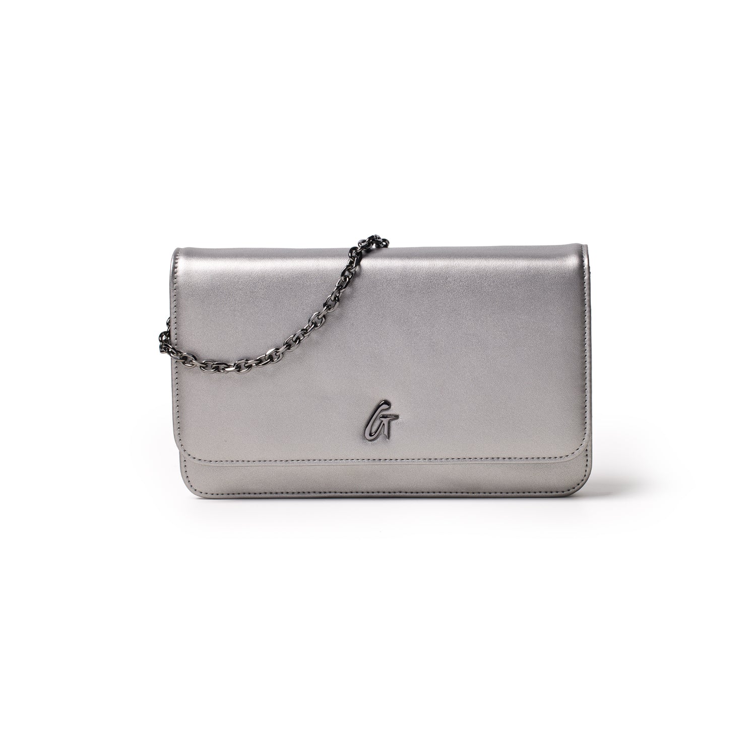 A gunmetal-colored WOC clutch bag with a chain strap, featuring a sleek, metallic finish and a small logo on the front.