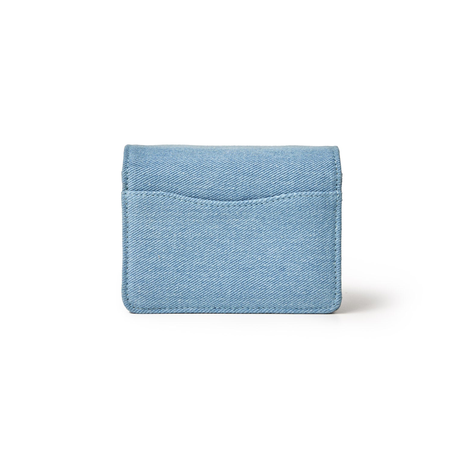Mini denim silver WOC wallet with a compact, light blue denim design and a sleek, minimalist style.