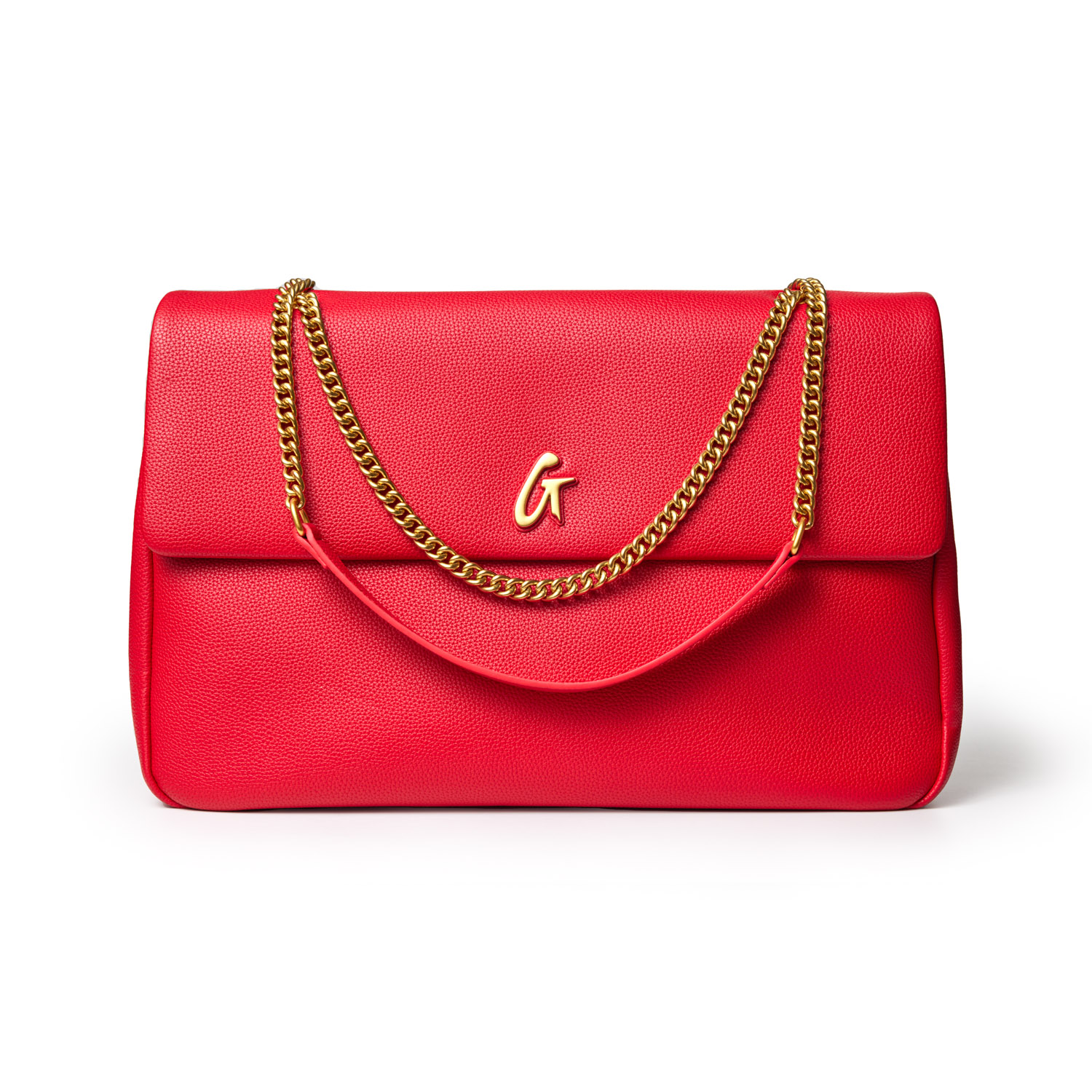 Red XL Pebble Flap Bag with gold chain strap and a gold "G" logo on the front.