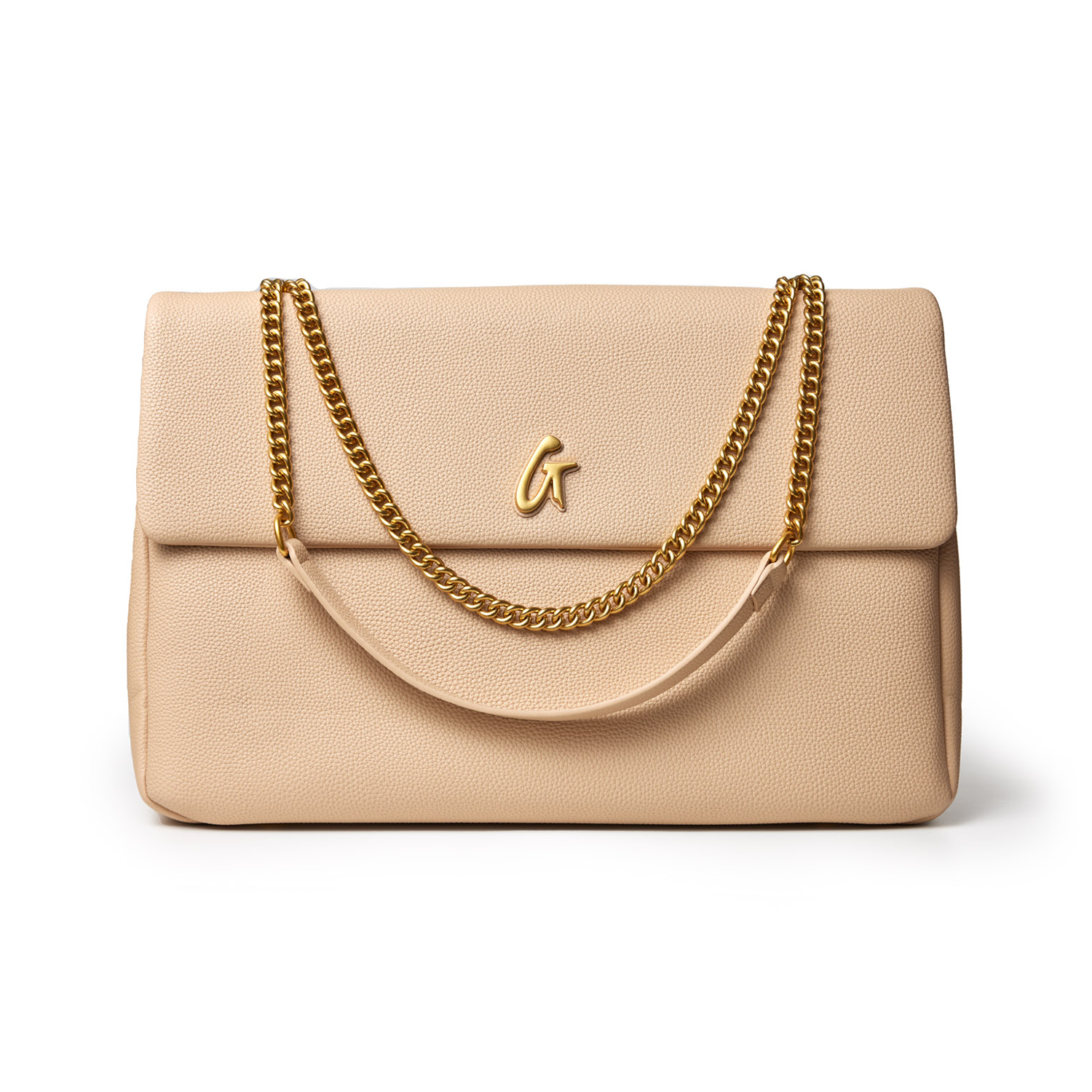 Large nude-colored pebble flap bag with gold chain strap and a gold "G" logo on the front.
